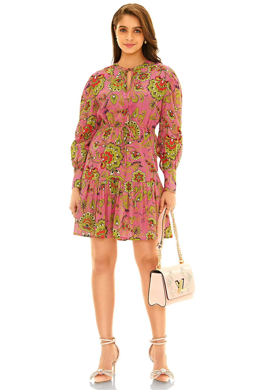 Pink floral long sleeve belted mini dress with puff sleeves – front view