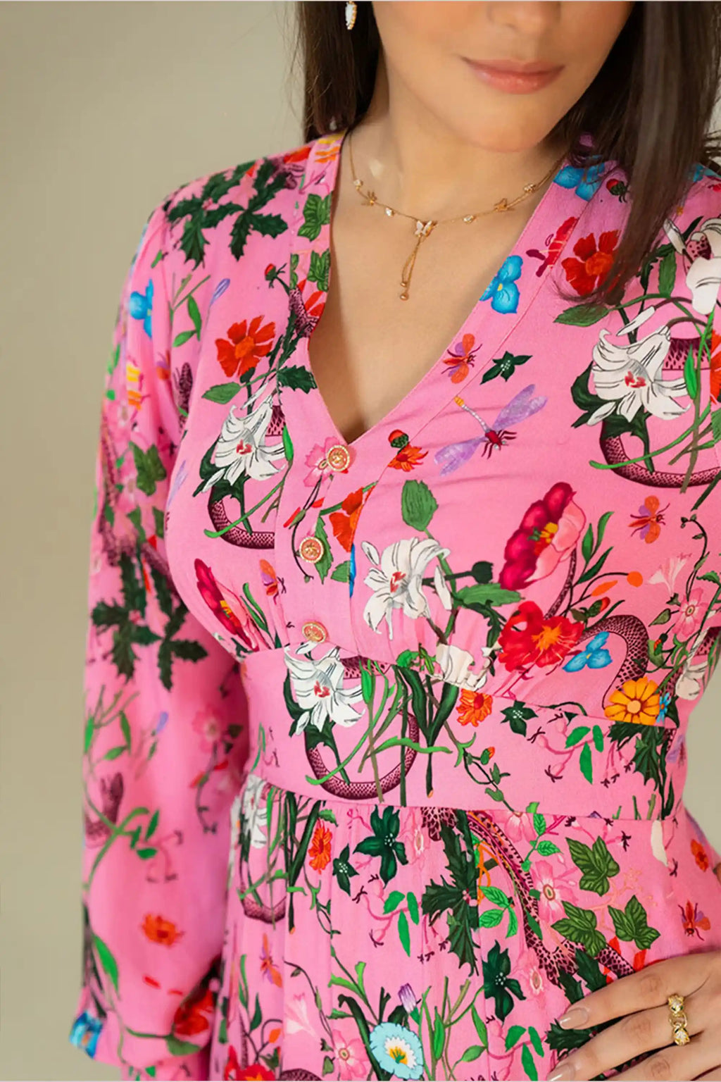 Pink floral maxi dress with v-neckline and button detail