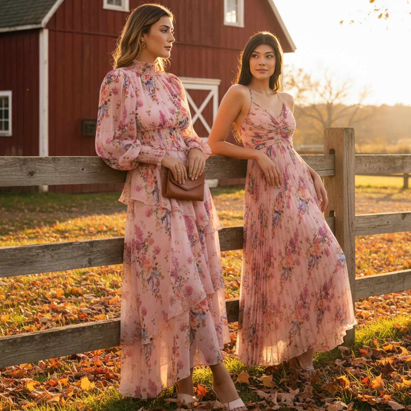 Indian women in pink floral maxi dresses, autumn garden fashion by Pretty Pixie, India 2025.