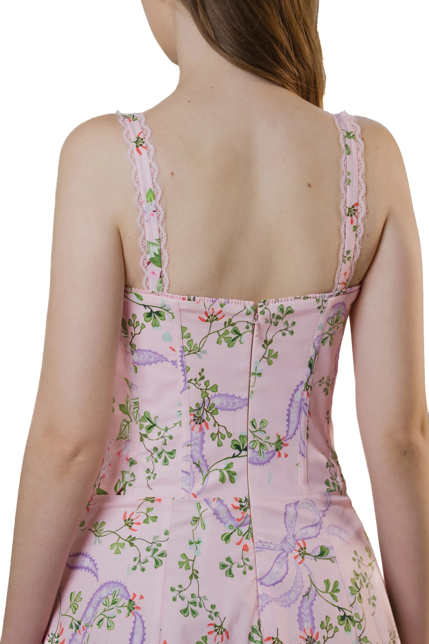 Back detail: pink floral midi dress with lace straps and zipper