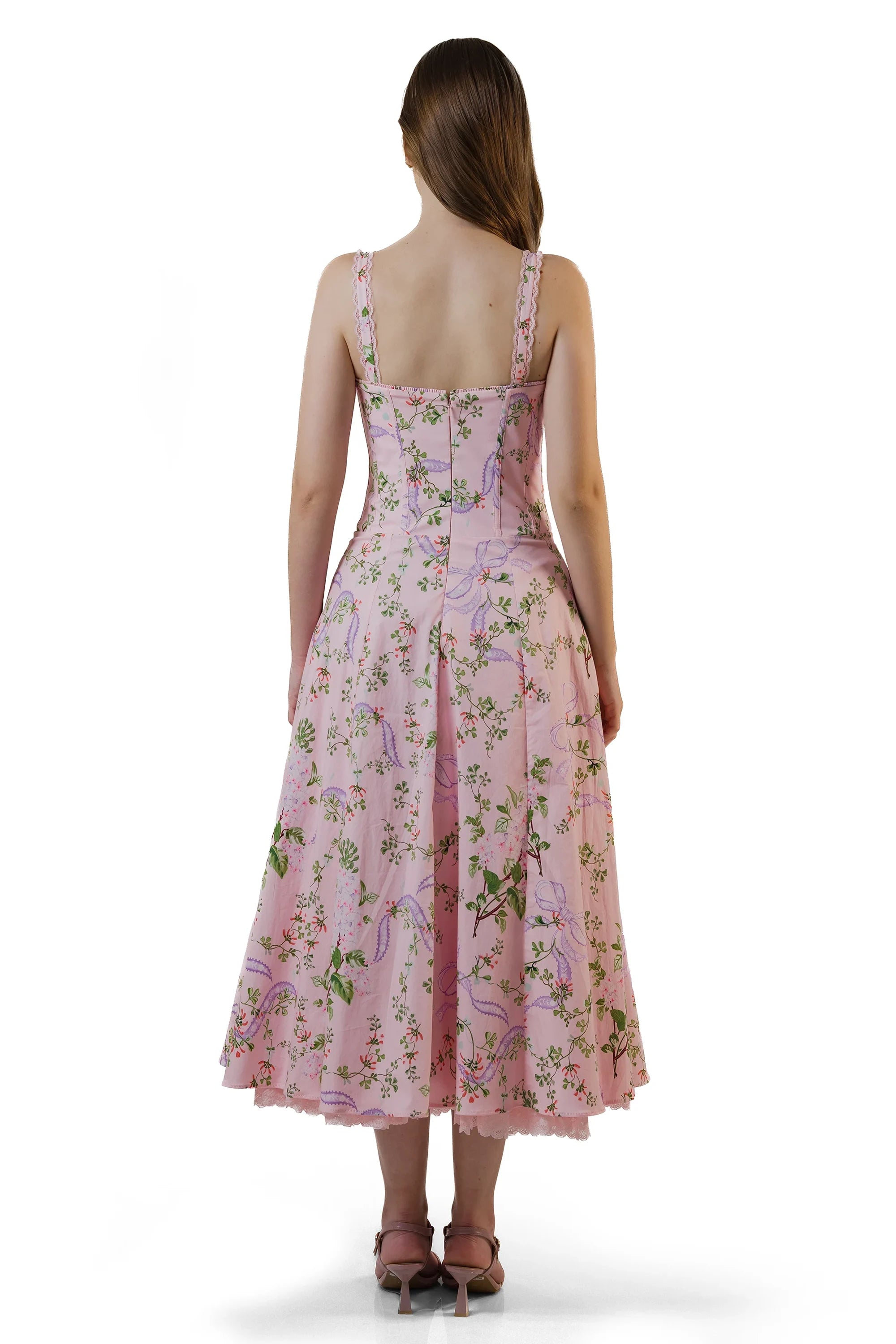 Back view: pink floral midi dress, fitted bodice, flared hem