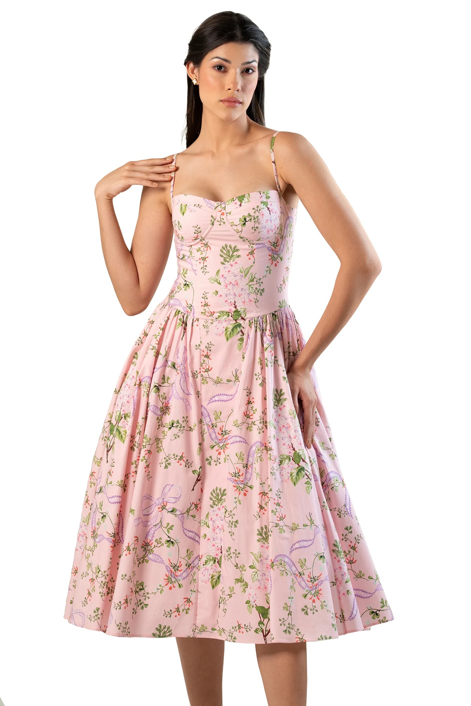 pink floral sweetheart midi with fitted bodice, gathered skirt