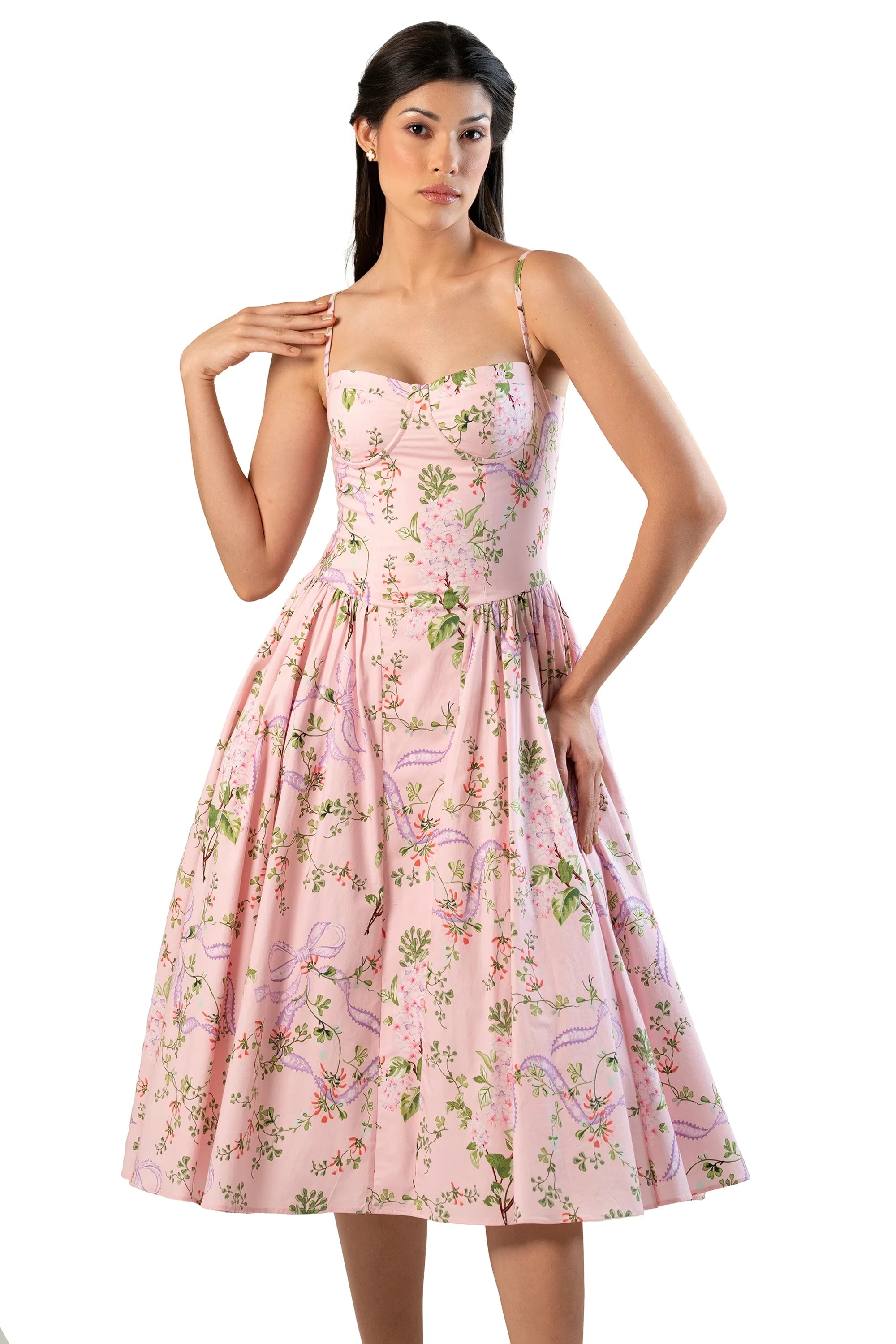 pink floral sweetheart midi with fitted bodice, gathered skirt