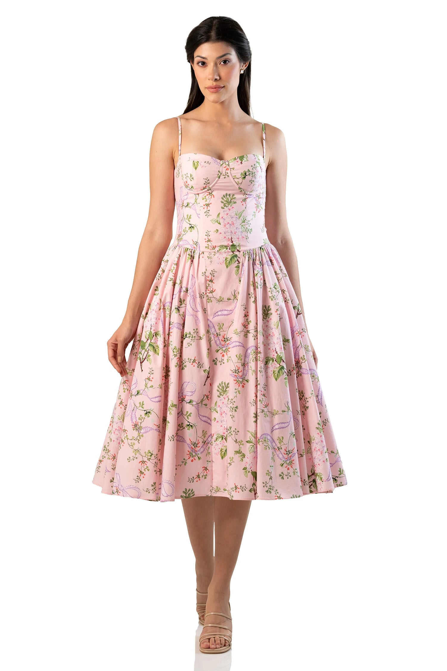 pink floral fit-and-flare midi; sweetheart neck, full skirt