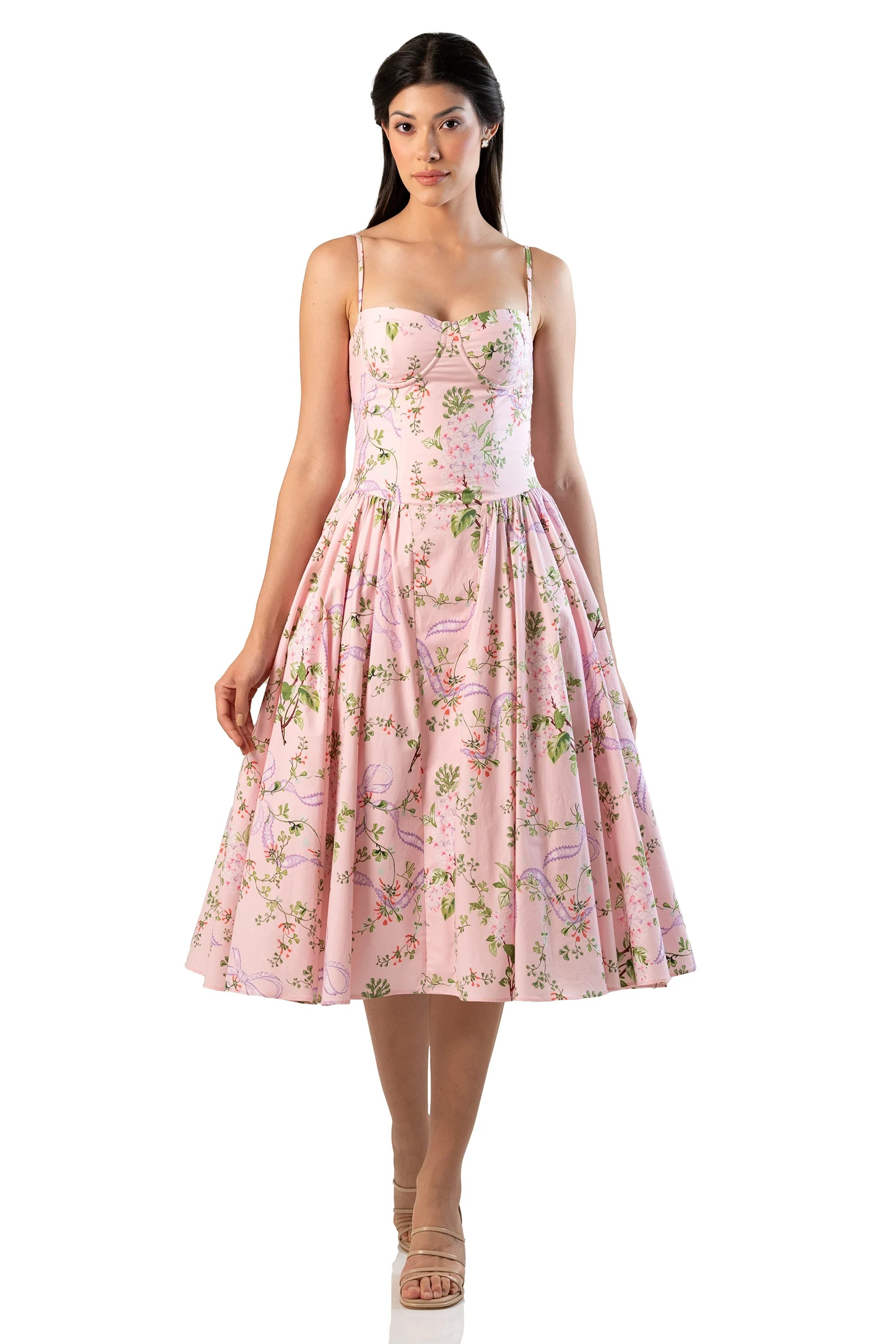 pink floral fit-and-flare midi; sweetheart neck, full skirt
