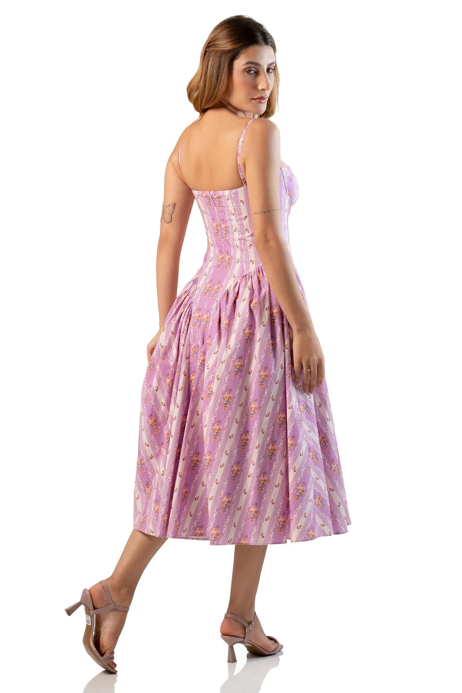 Back angle: lavender floral spaghetti-strap midi dress with square back