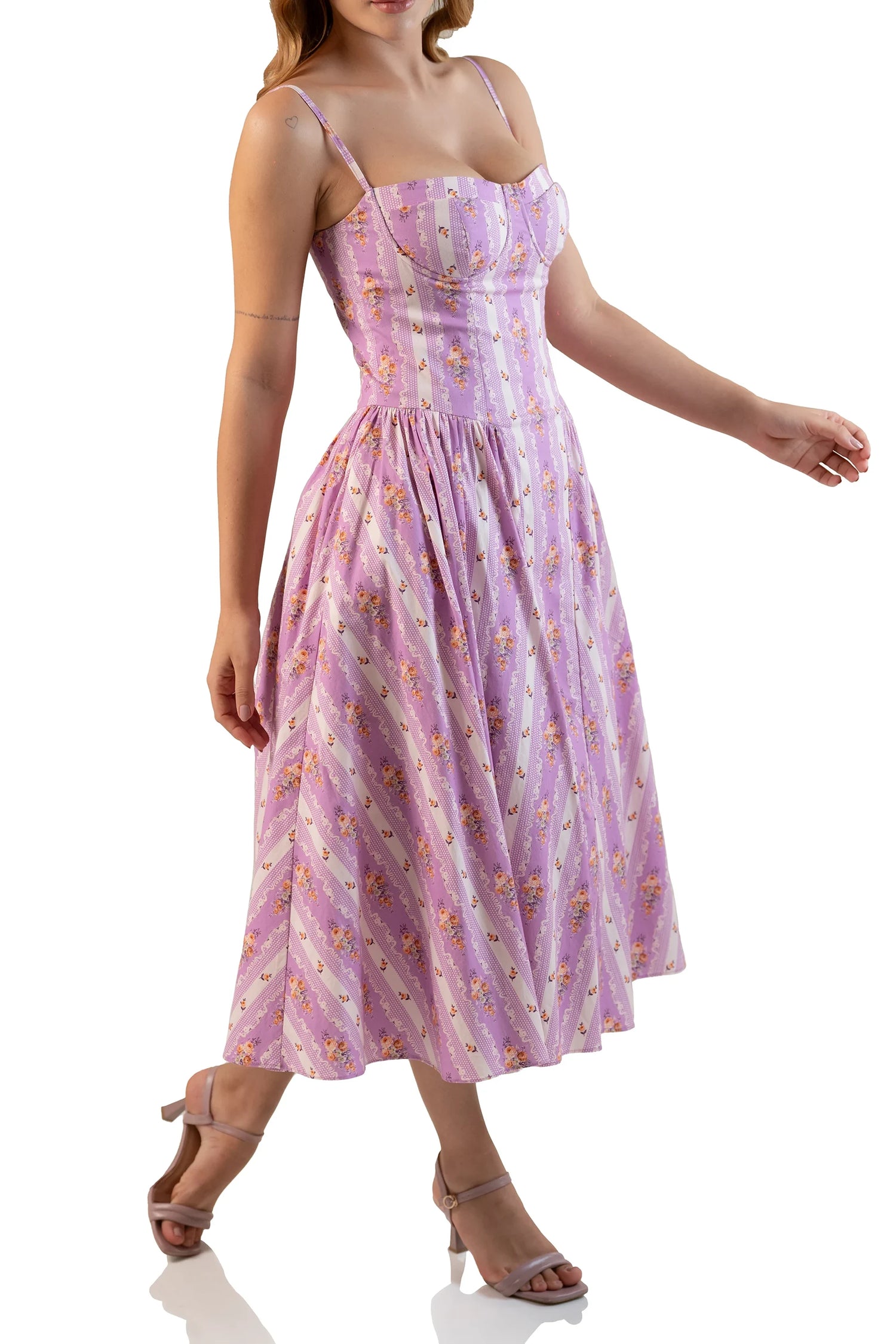 Angle view: lavender floral spaghetti-strap midi with fit-and-flare skirt