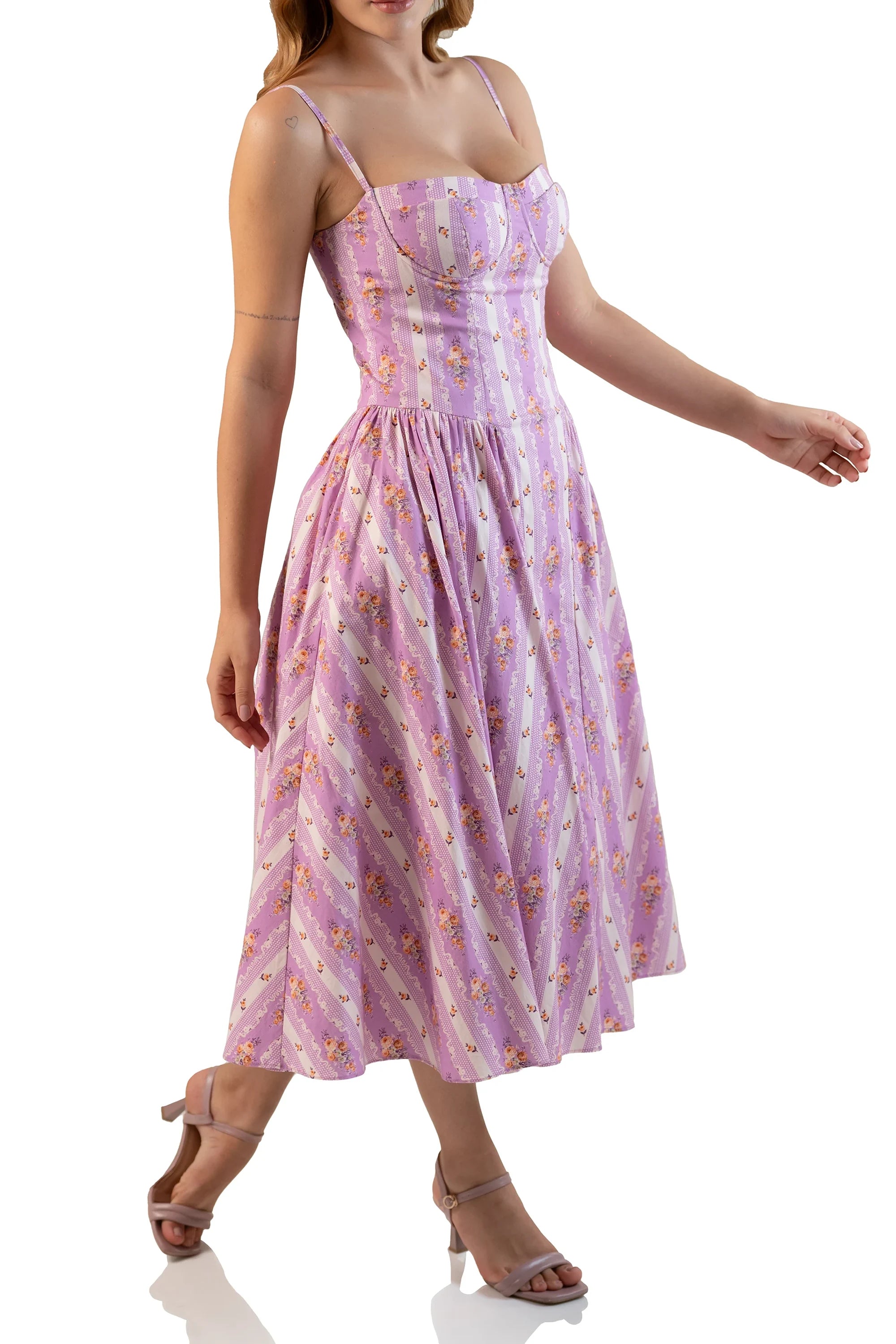 Angle view: lavender floral spaghetti-strap midi with fit-and-flare skirt