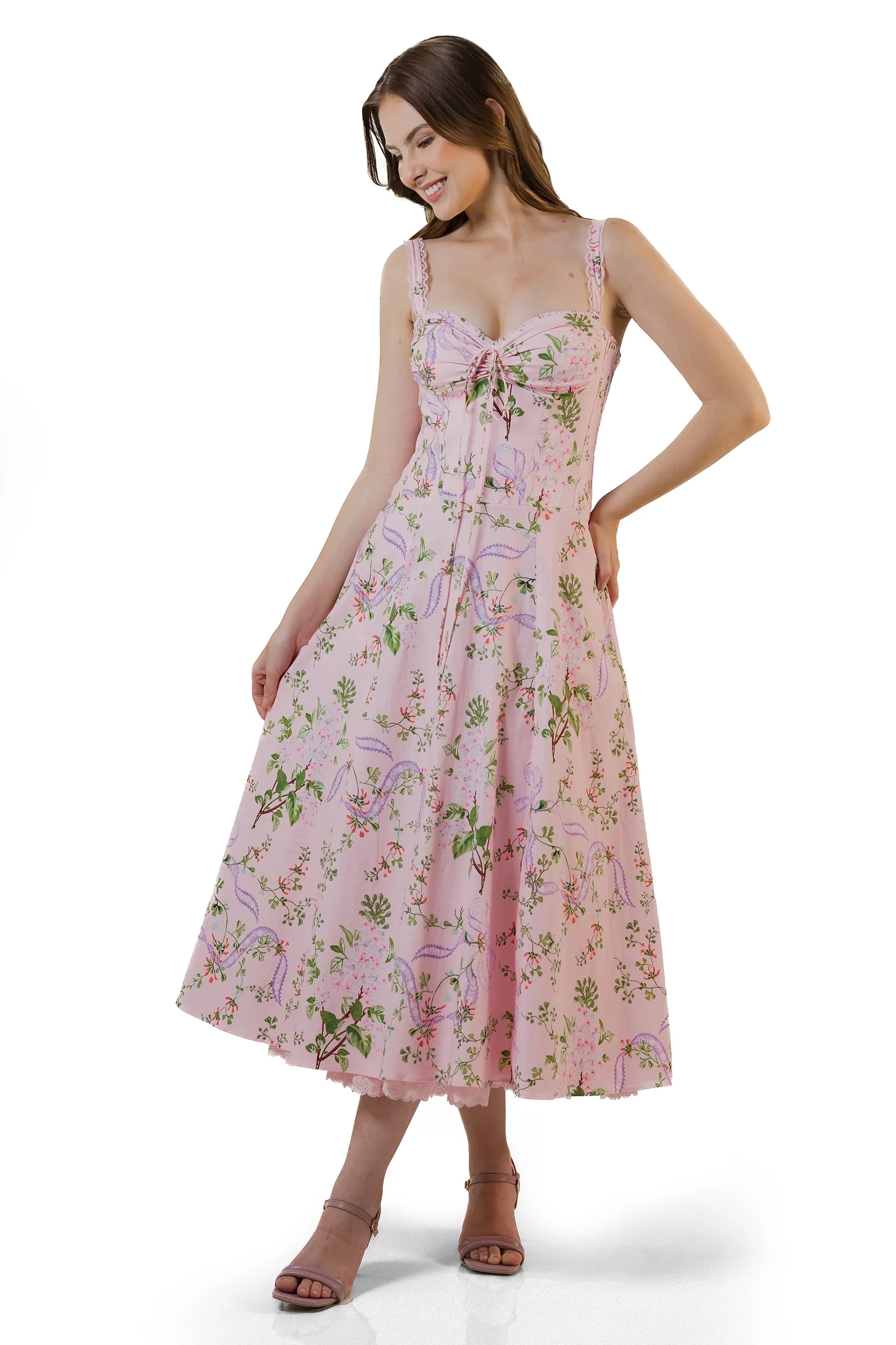 Front angle: pink floral sweetheart midi dress with lace trim