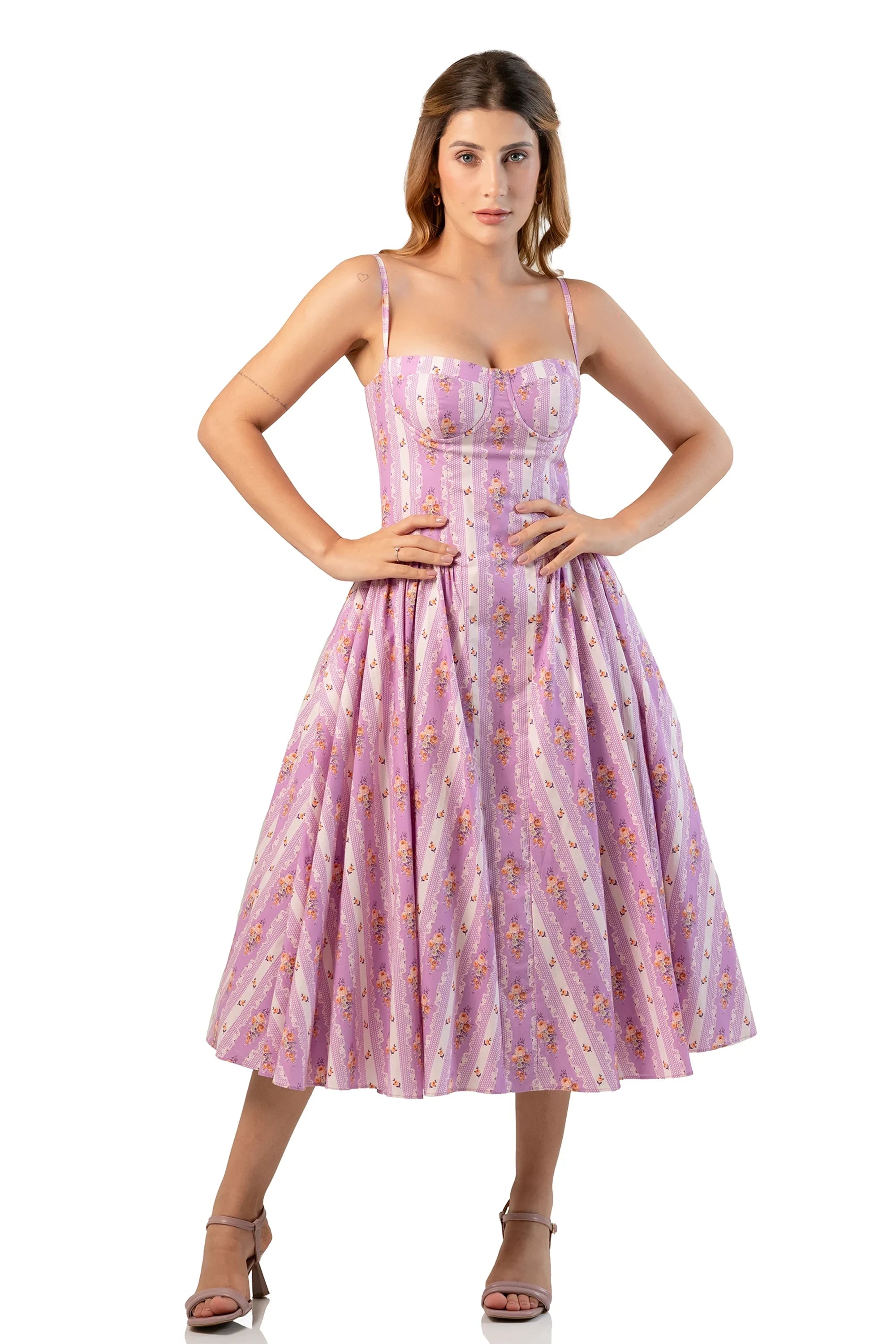 Lavender floral spaghetti-strap midi dress; sweetheart bodice, flared skirt