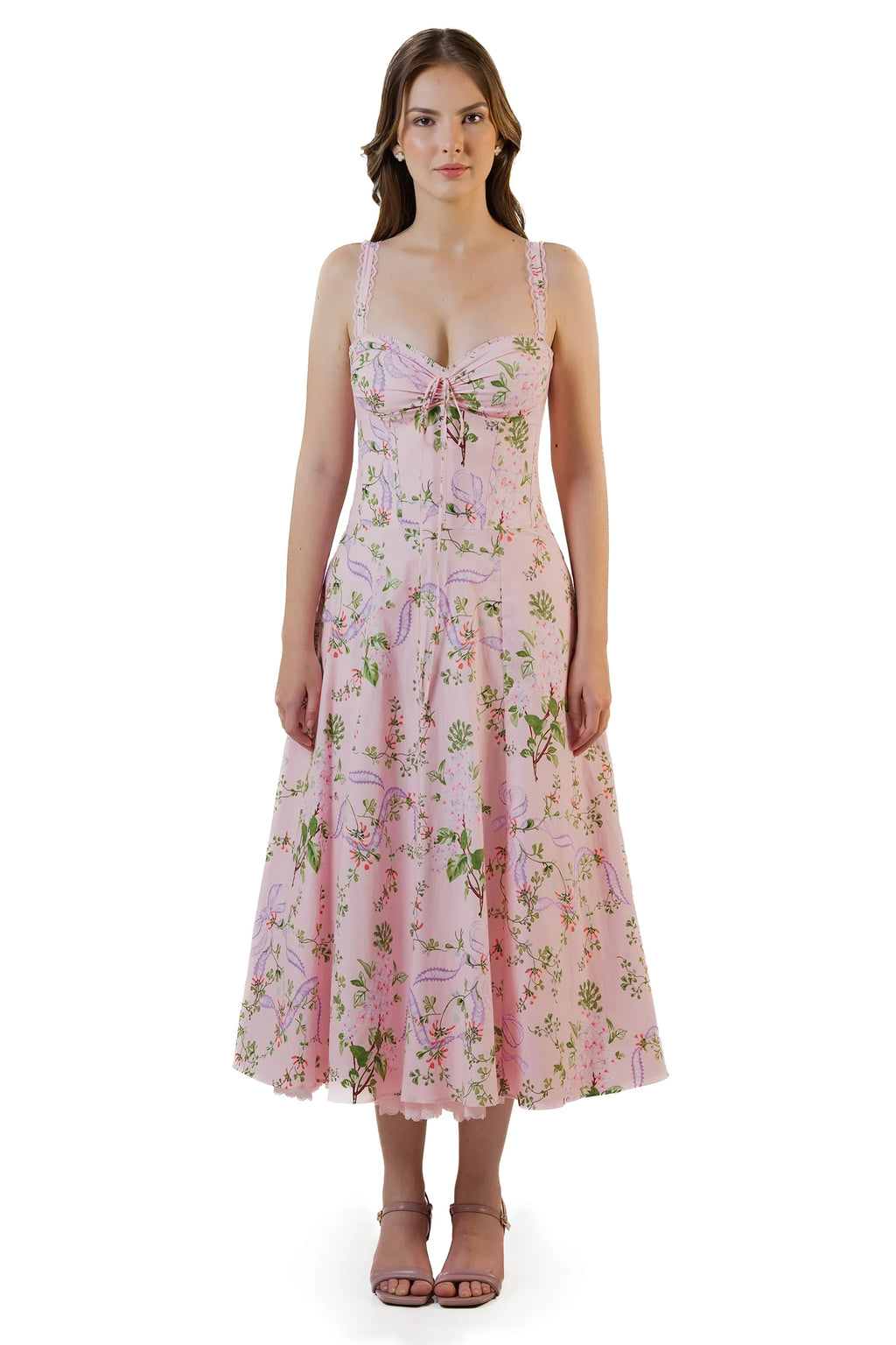 Front view: pink floral sweetheart midi dress with lace straps