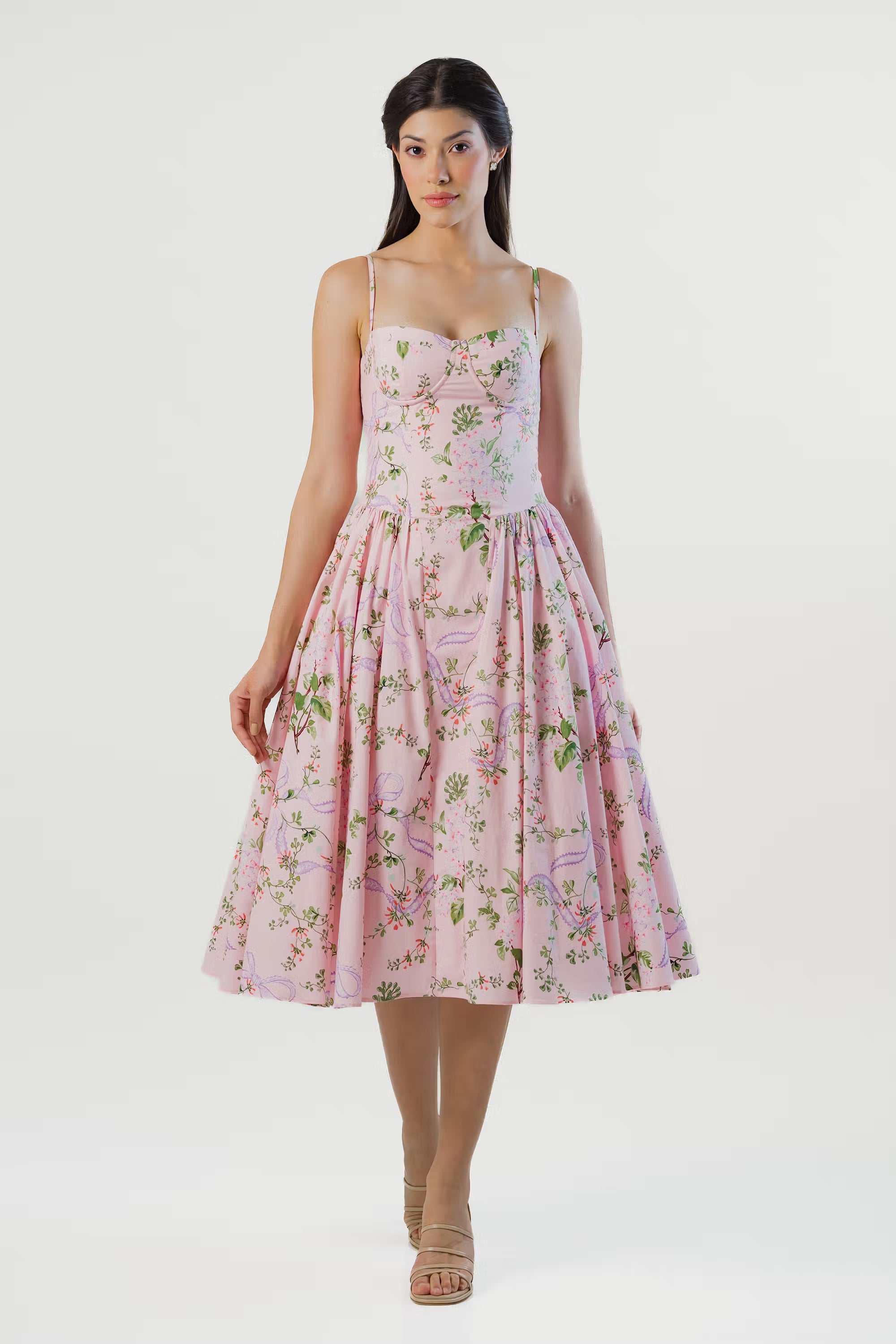 Full front view of a pink floral sweetheart neckline midi dress with fitted bodice and flared skirt.