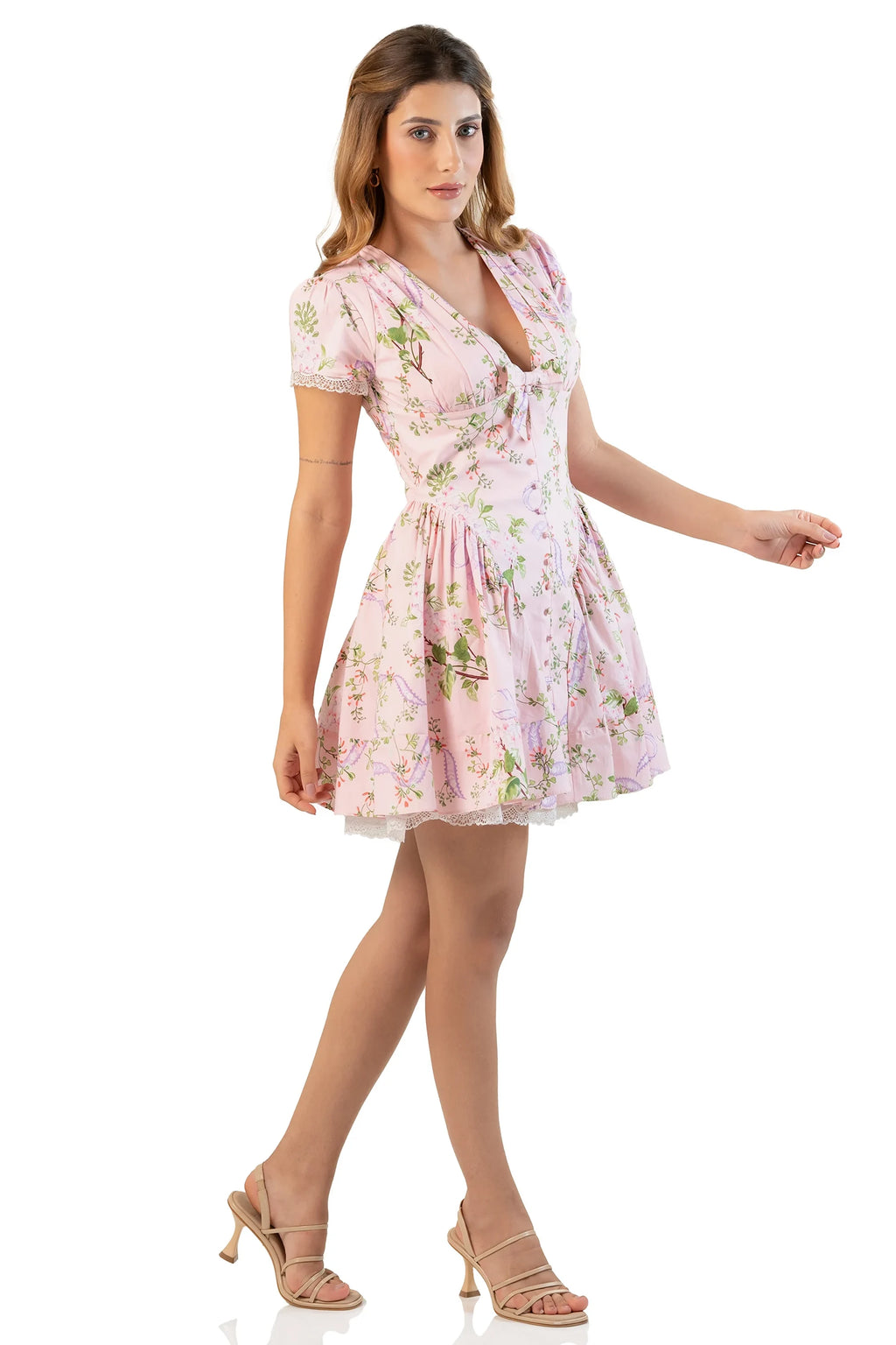 Angle view: pink floral V-neck mini dress with flared A-line skirt