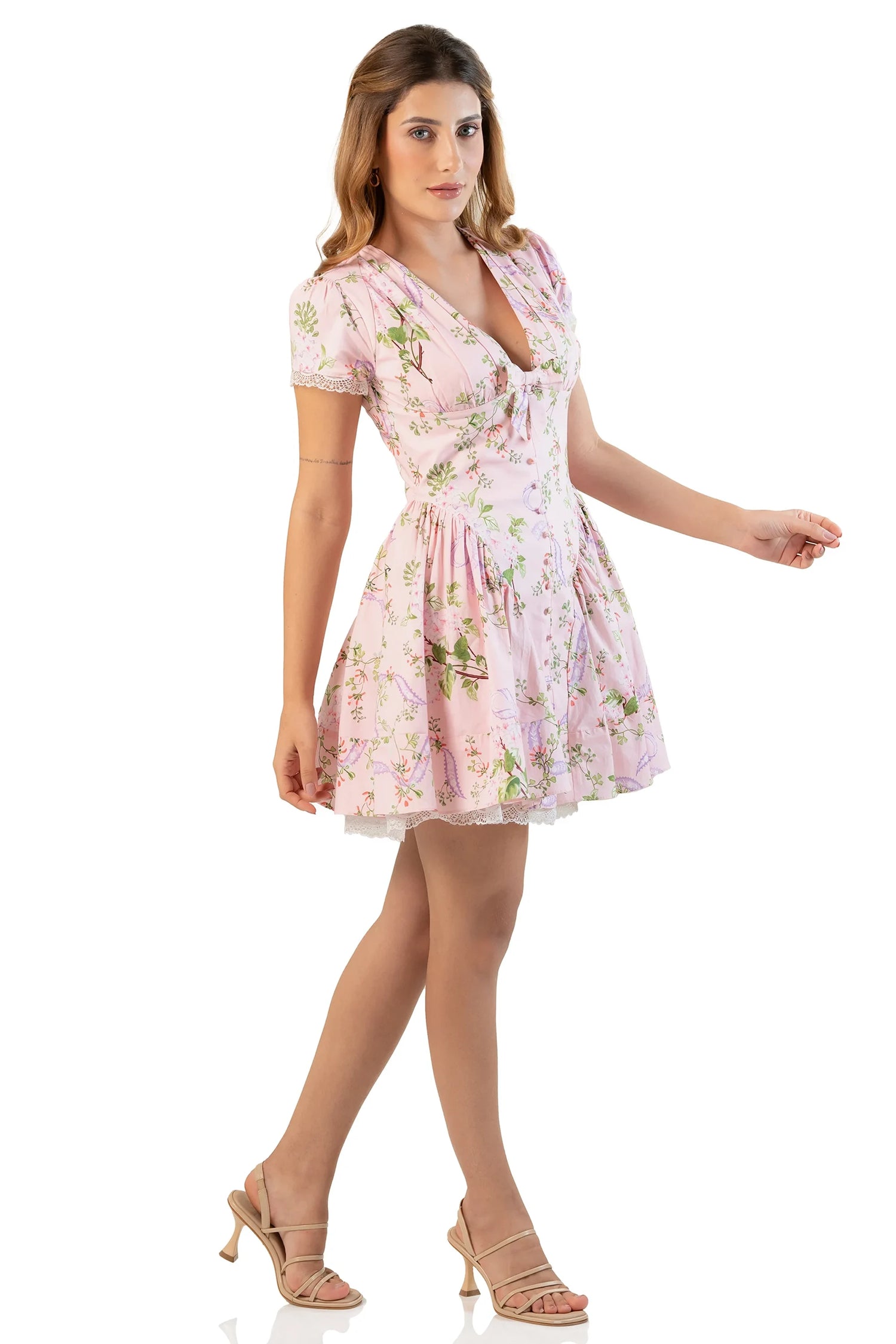 Angle view: pink floral V-neck mini dress with flared A-line skirt