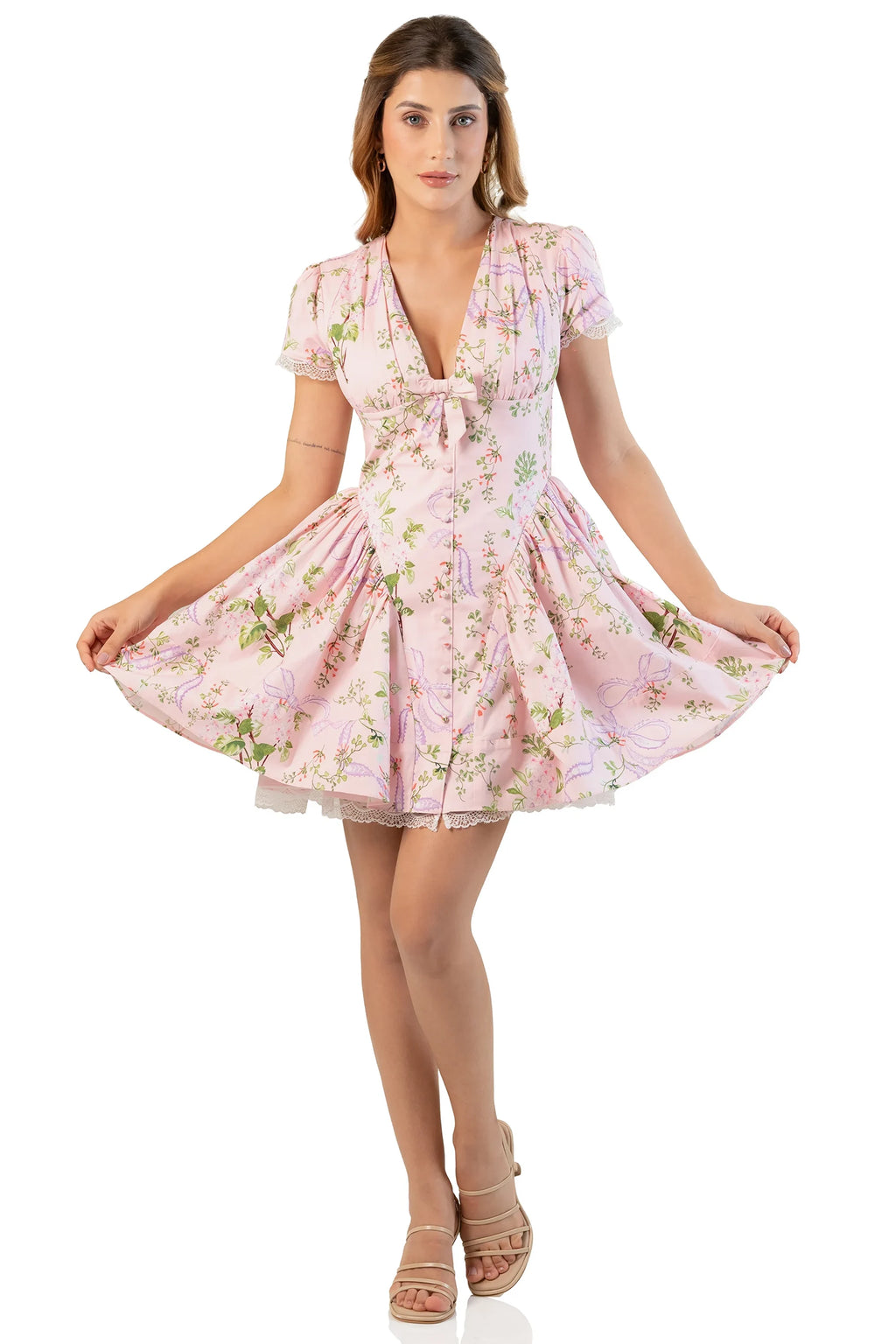 Pink floral short-sleeve V-neck mini dress with flared skirt, full view