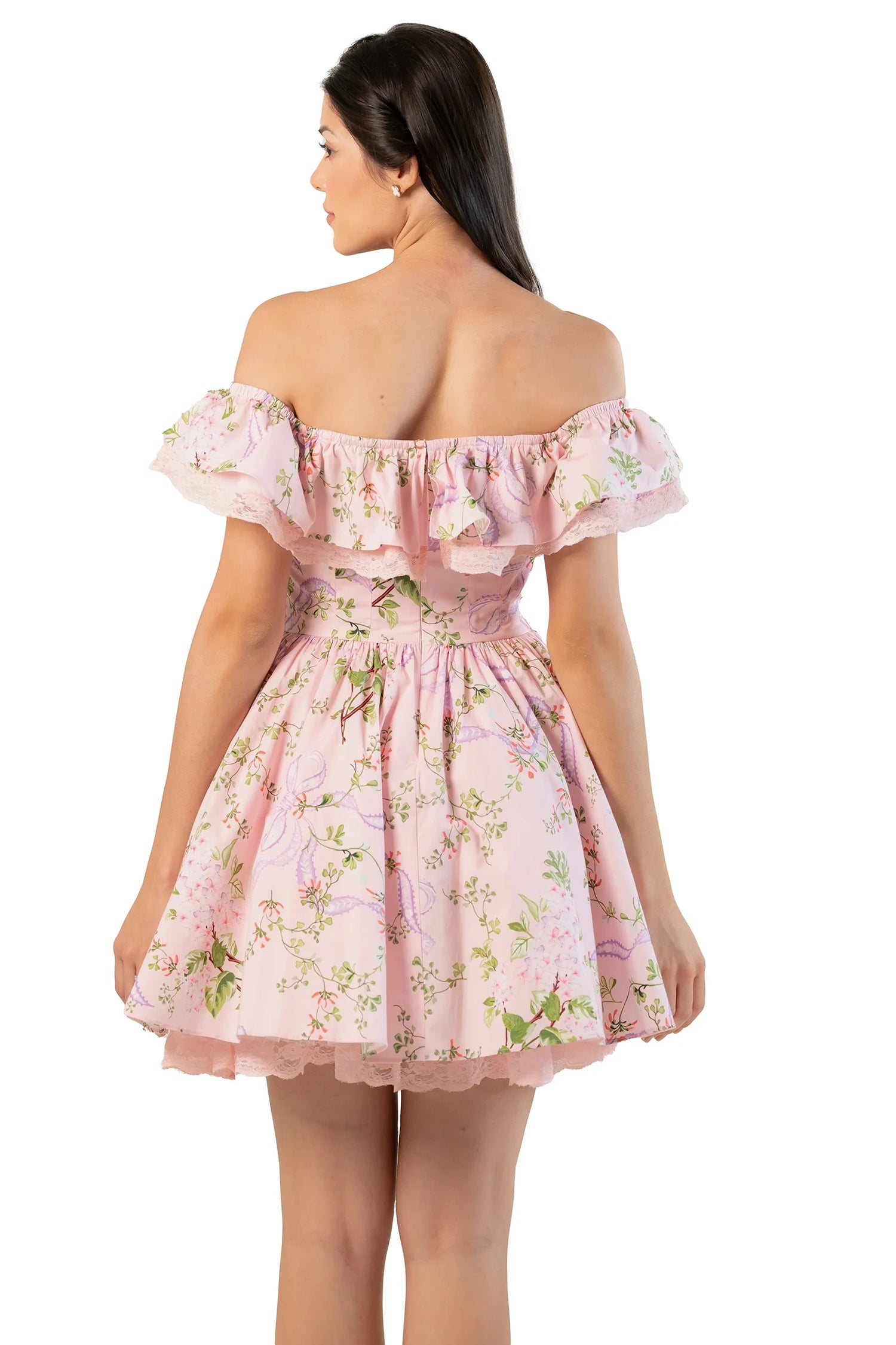 Back view of pink floral off-shoulder mini dress with wide ruffle neckline and lace-trim hem, fit-and-flare silhouette