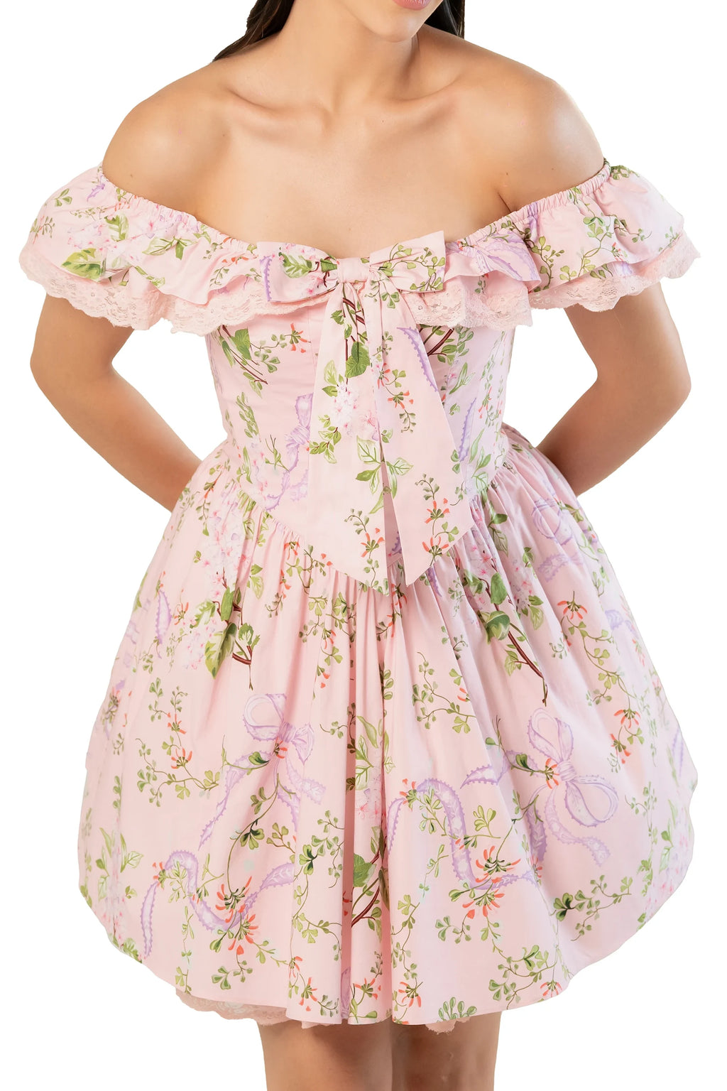 Front view of pink floral off-shoulder mini dress with statement bow, lace ruffle and gathered fit-and-flare waist