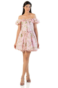 Pretty Pixie pink floral off shoulder mini dress front