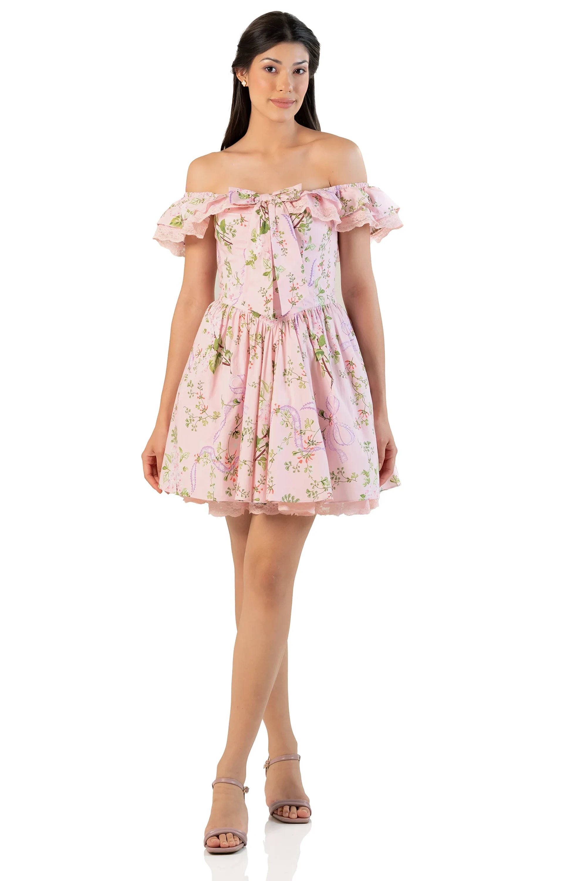 Front view of pink floral off-shoulder mini dress with statement bow, lace ruffle and gathered fit-and-flare waist