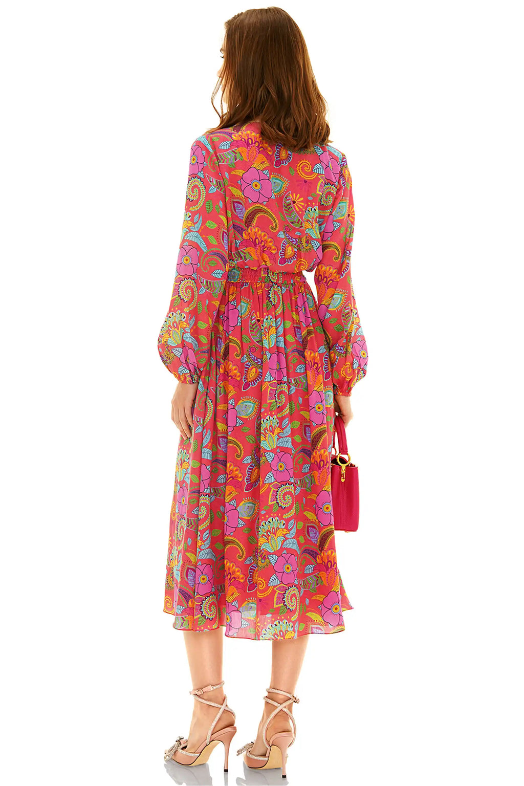 Back view of pink floral paisley V-neck midi dress with long sleeves