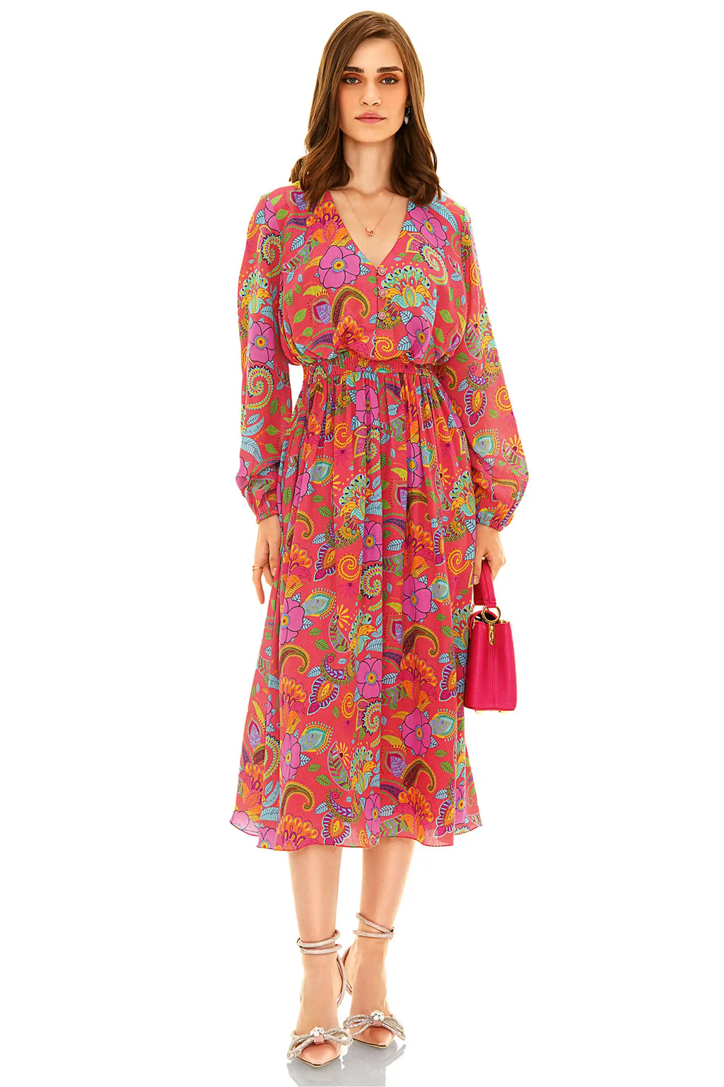 Front view of pink floral paisley V-neck midi dress with long sleeves