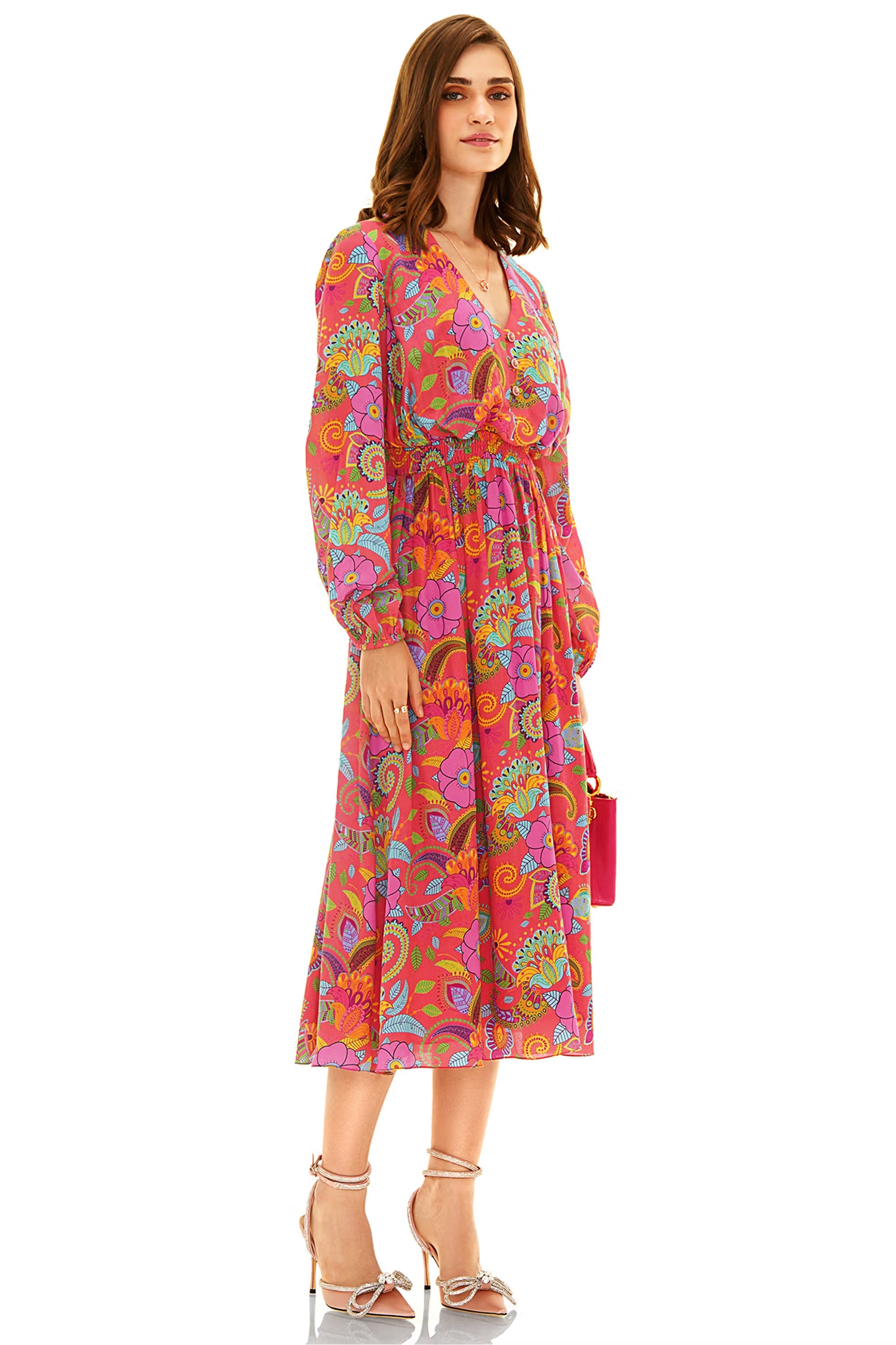 Side view of pink floral paisley V-neck midi dress with bohemian print