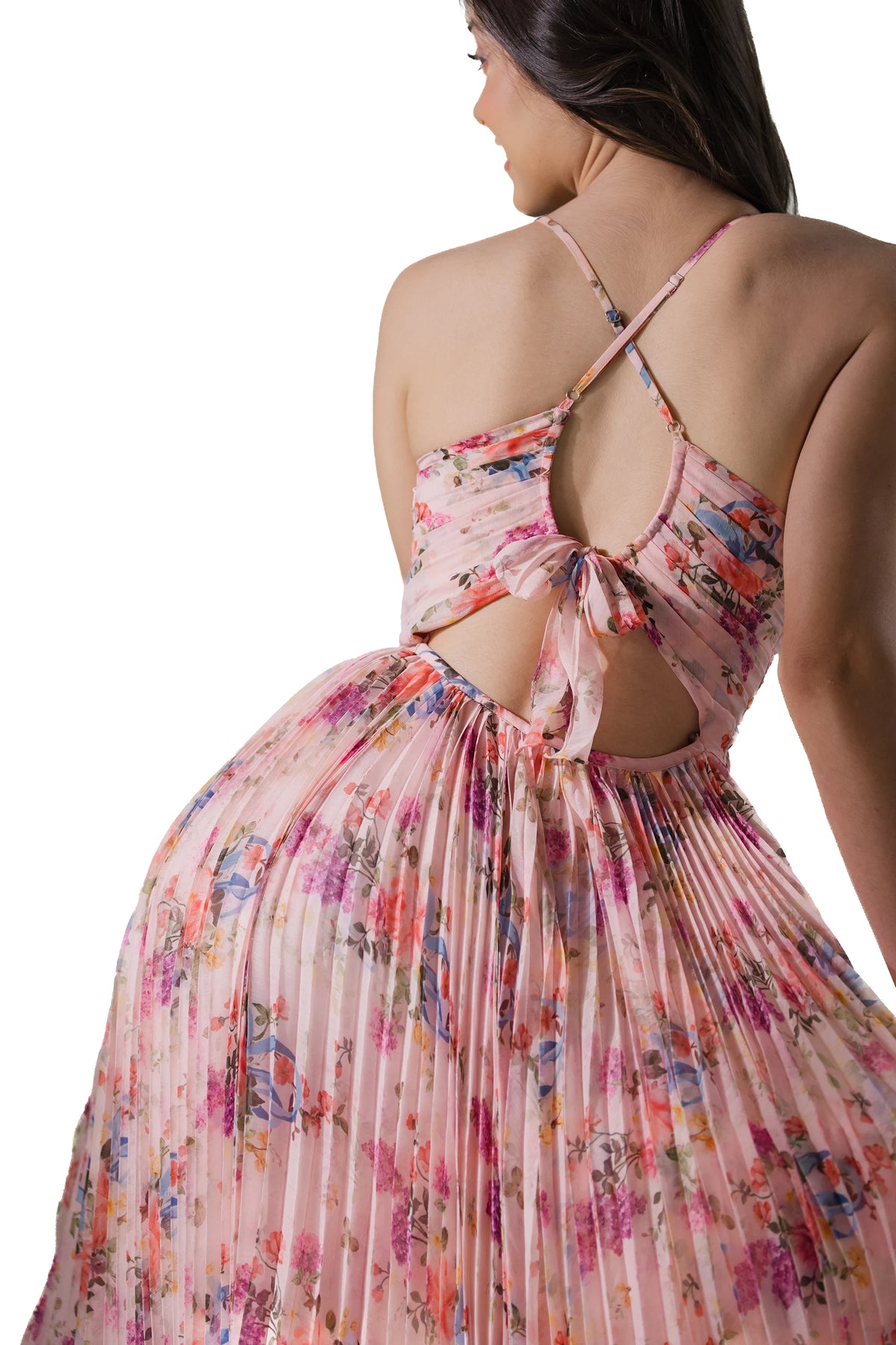pink floral pleated midi dress AKIRA Garden Floral Pleated Midi Dress