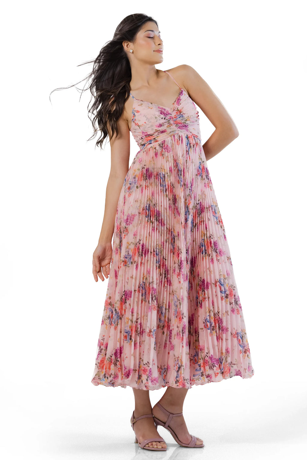 Pink floral pleated midi dress, front view with movement