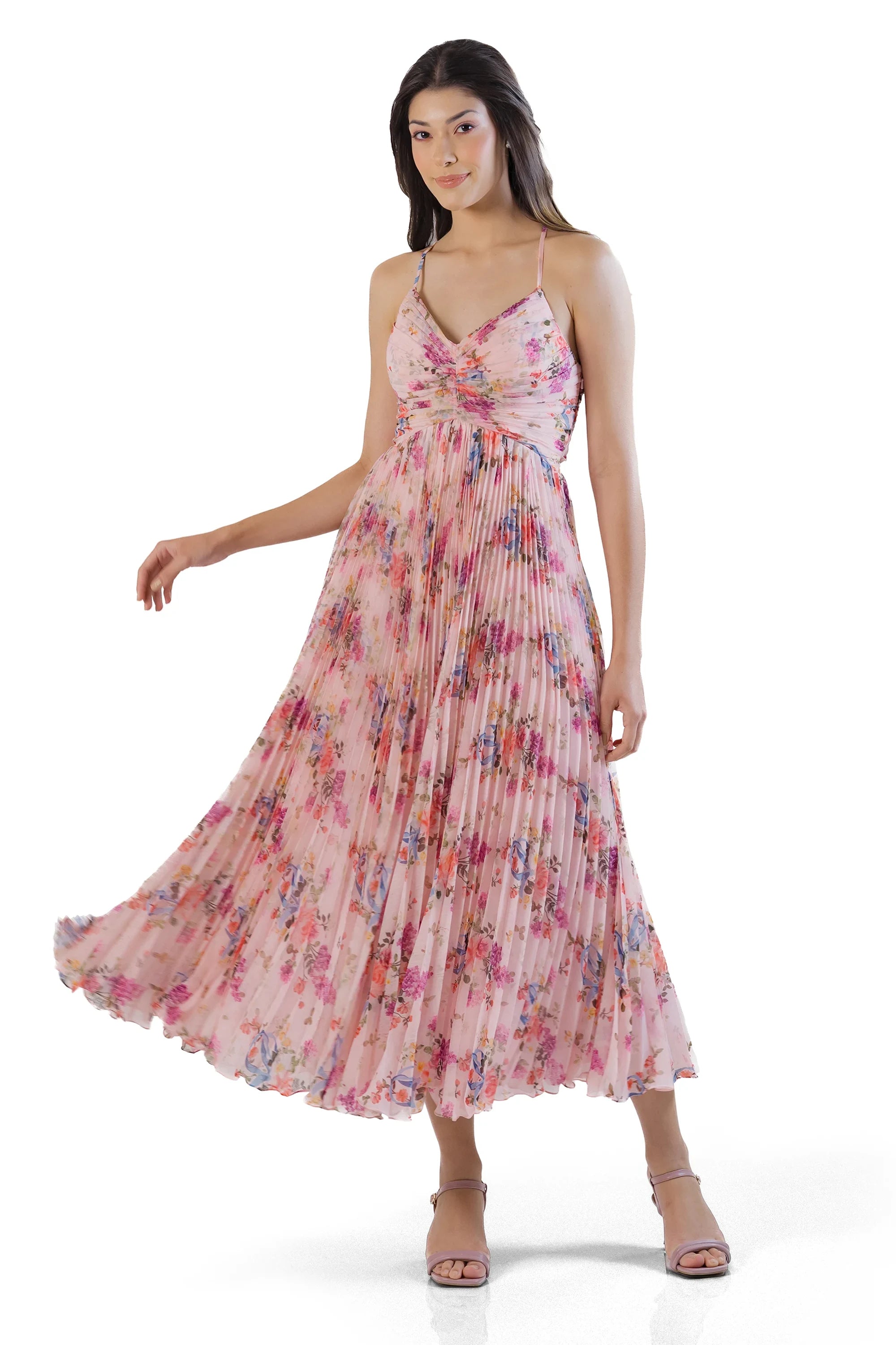 Pink floral pleated midi dress, front twirl view