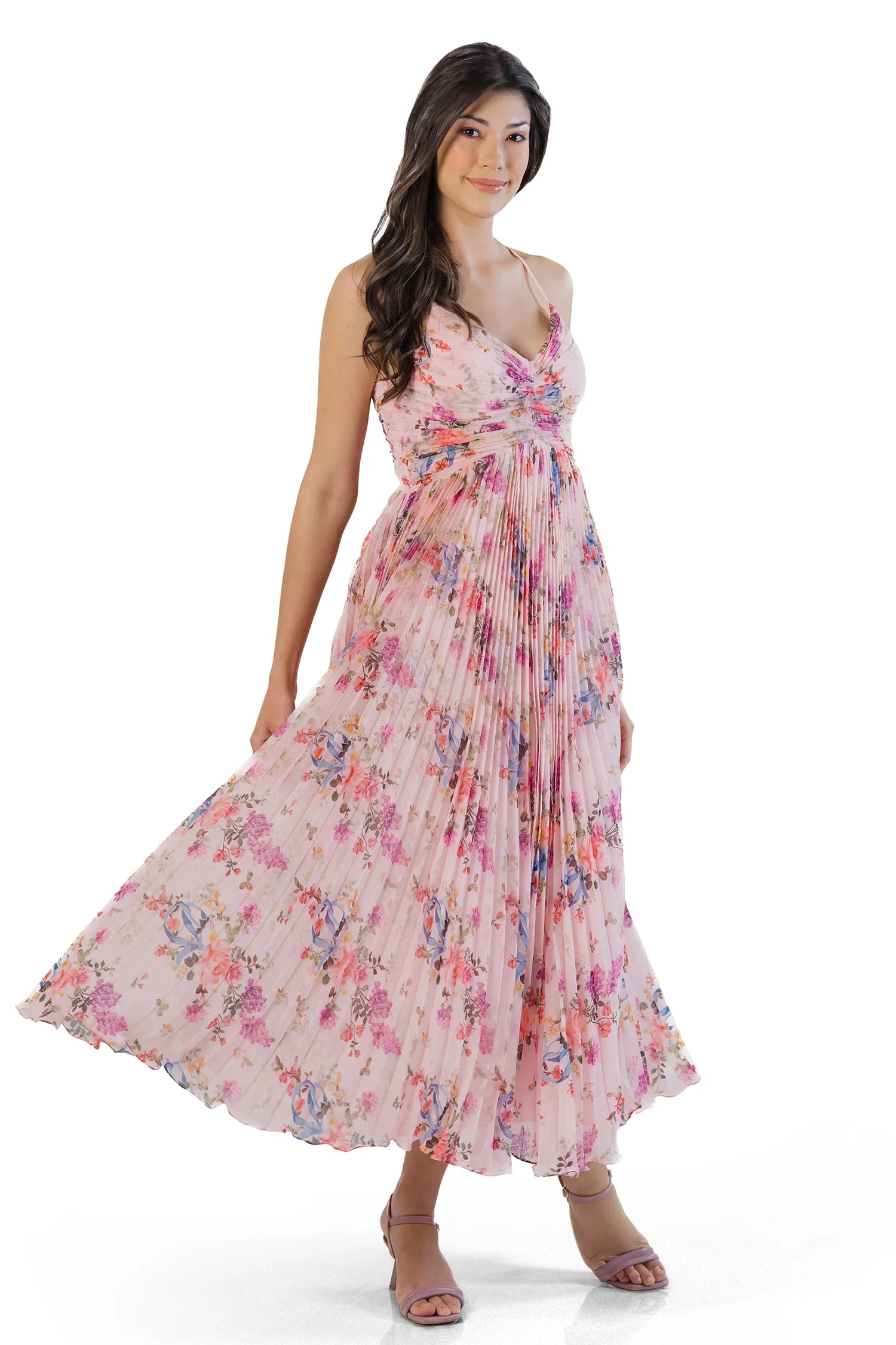 Pink Floral Maxi Dress | Pleated Dresses | Pretty Pixie XS / Blush Pink Pink Floral Maxi Dress | Pleated Dresses | Pretty Pixie XS / Blush Pink