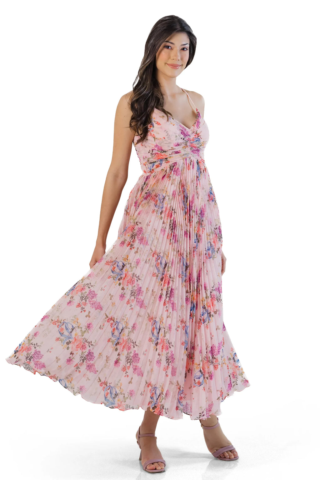 Pink floral pleated midi dress, twirl angle front