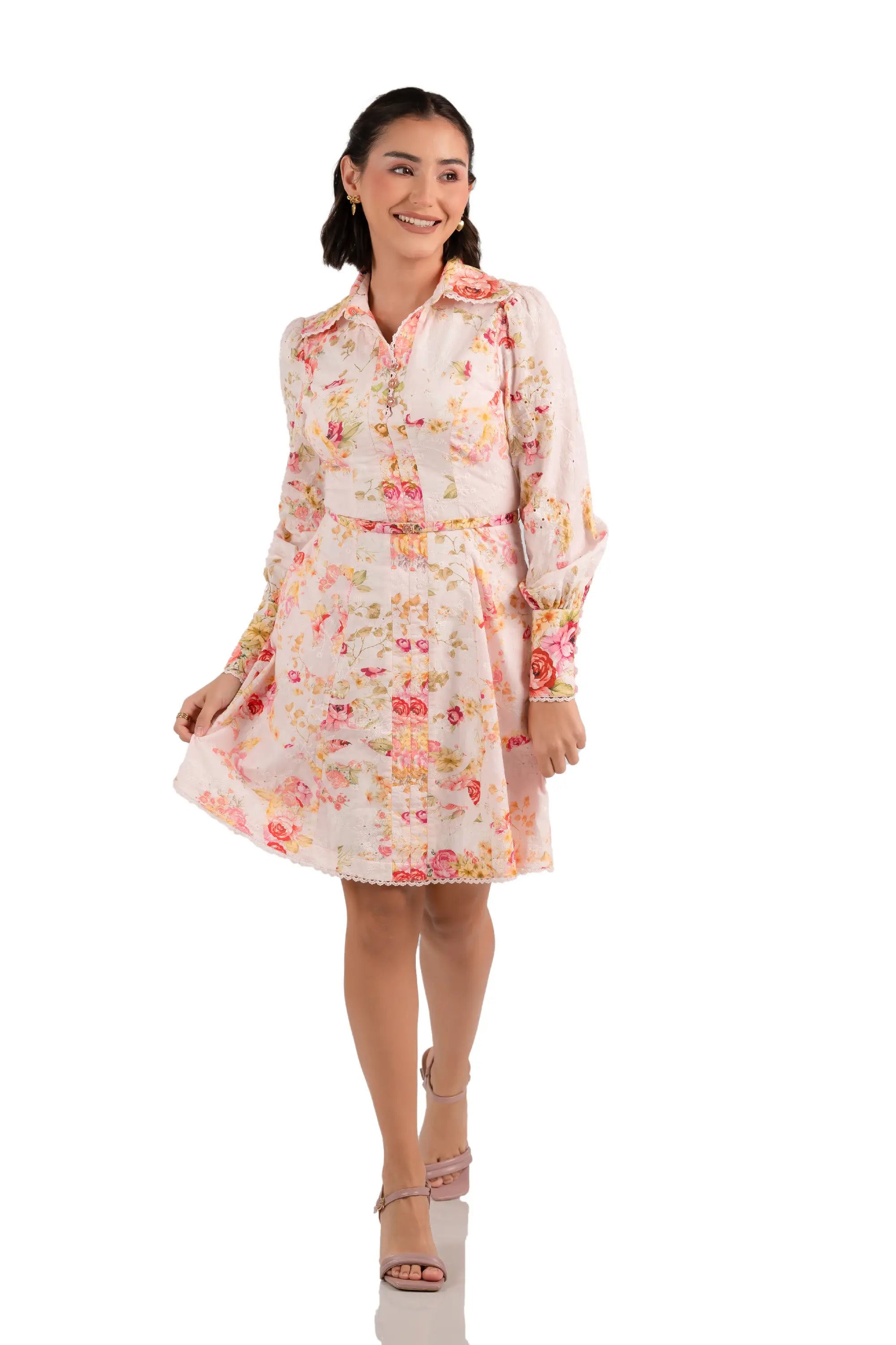 Front view of pink floral print collared A-line mini dress, long sleeves