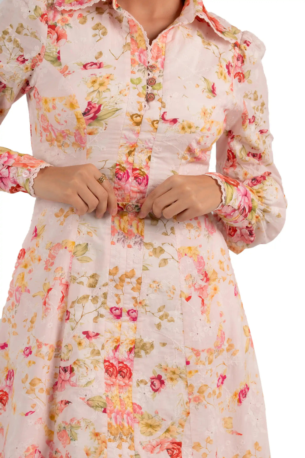 Pink floral print collared mini dress belt and button placket close-up