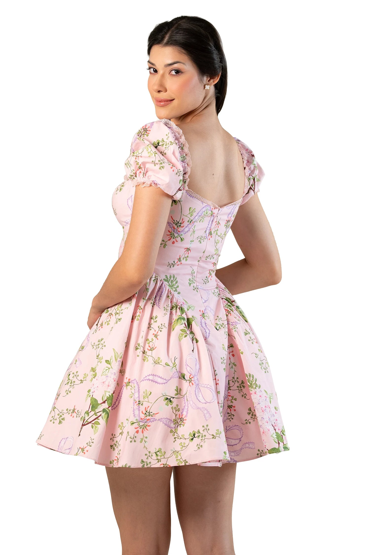 Back view: pink floral puff-sleeve mini dress; scooped back, concealed zip