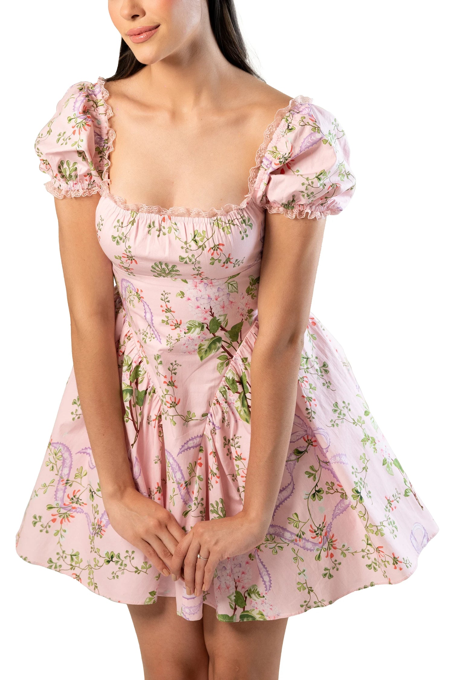 Front close-up: pink floral mini; ruched bust and lace-trim puff sleeves