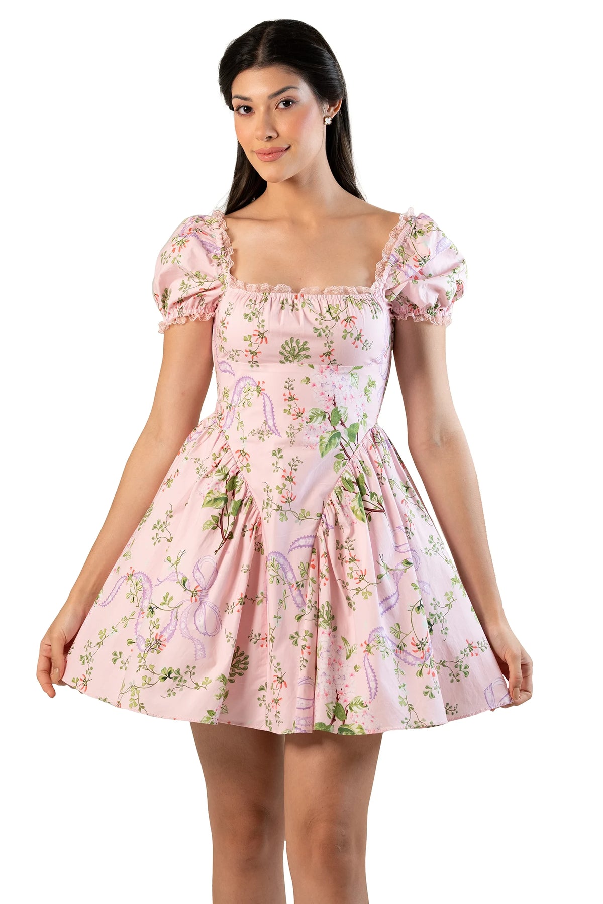 Pretty Pixie pink floral puff sleeve mini dress front closeup