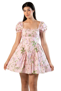 Pretty Pixie pink floral puff sleeve mini dress front closeup