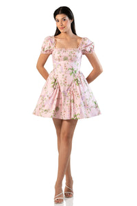 Front view: pink floral puff-sleeve mini dress with flared skirt