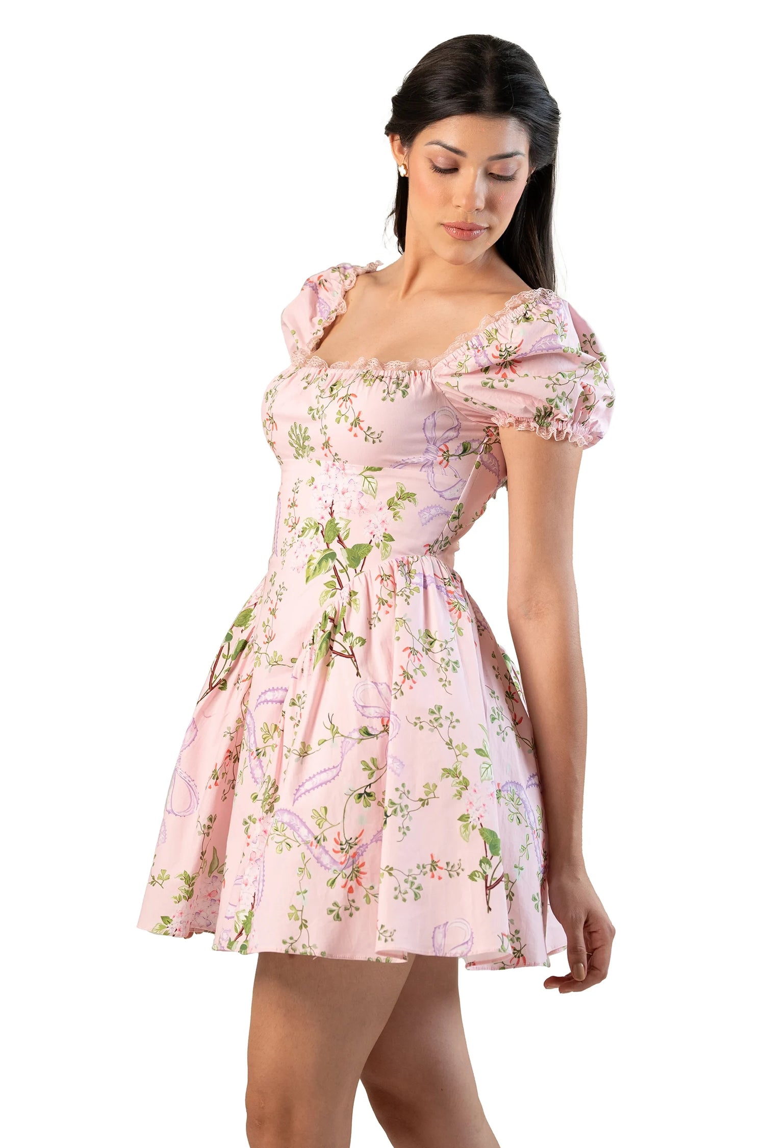 Angle view: pink floral puff-sleeve mini with fitted bodice, A-line