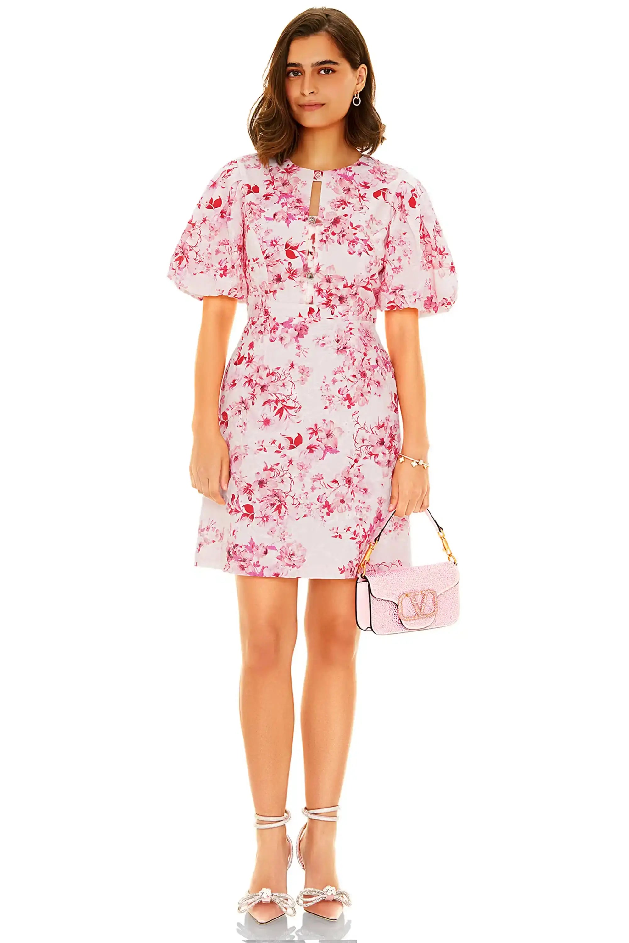 Front view of pink floral puff sleeve mini dress for women