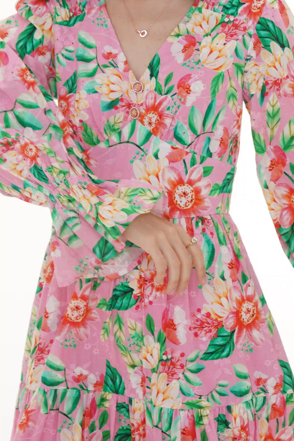 Close-up of Pretty Pixie pink floral puff-sleeve mini dress