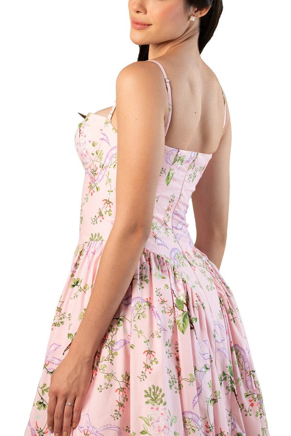 Pink Floral Bustier Strap Cotton Midi Dress — view 4