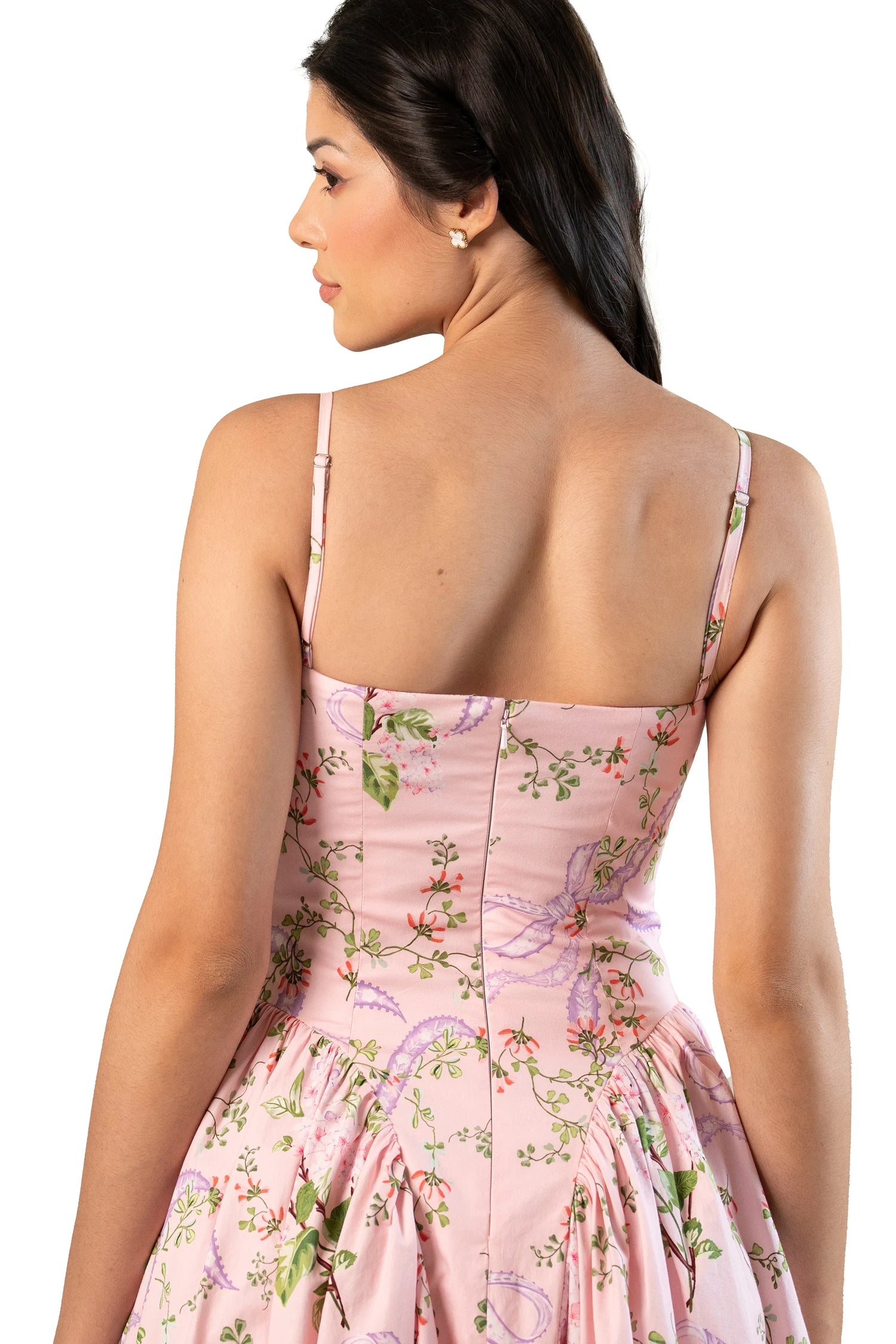 pink floral spaghetti-strap midi; square back, concealed zipper