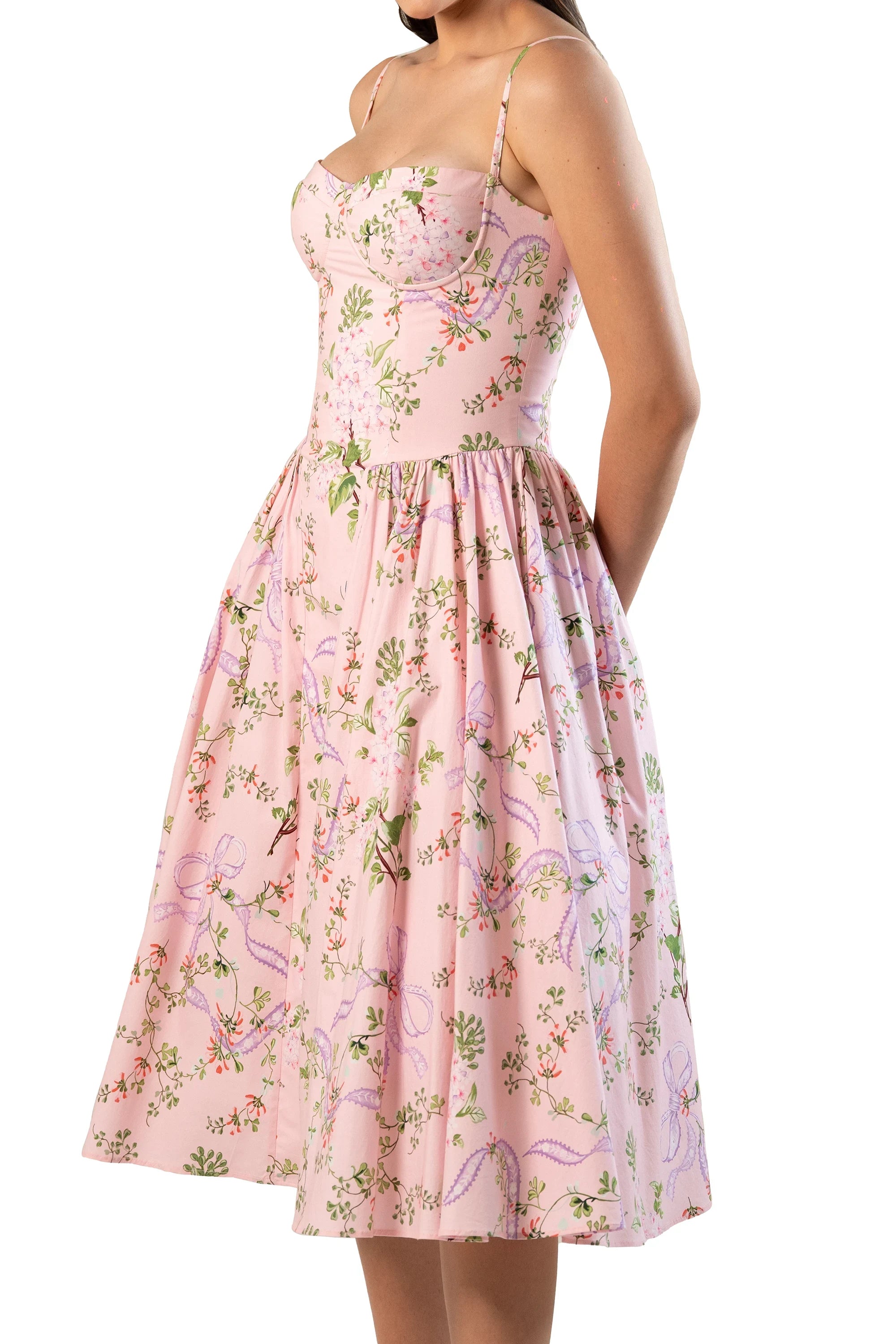 pink floral fit-and-flare midi; sweetheart neck, thin straps