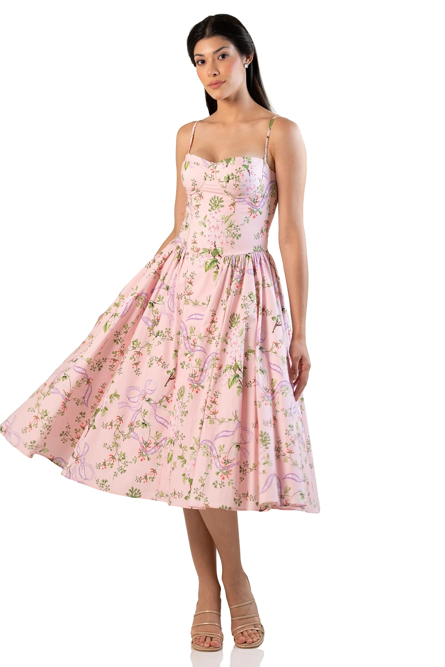 pink floral sweetheart midi with thin straps and flared skirt