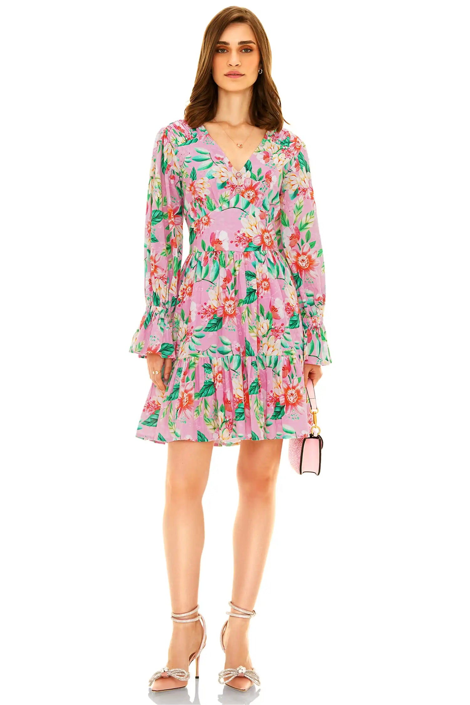 Front view of pink floral V-neck long sleeve mini dress with gathered waist