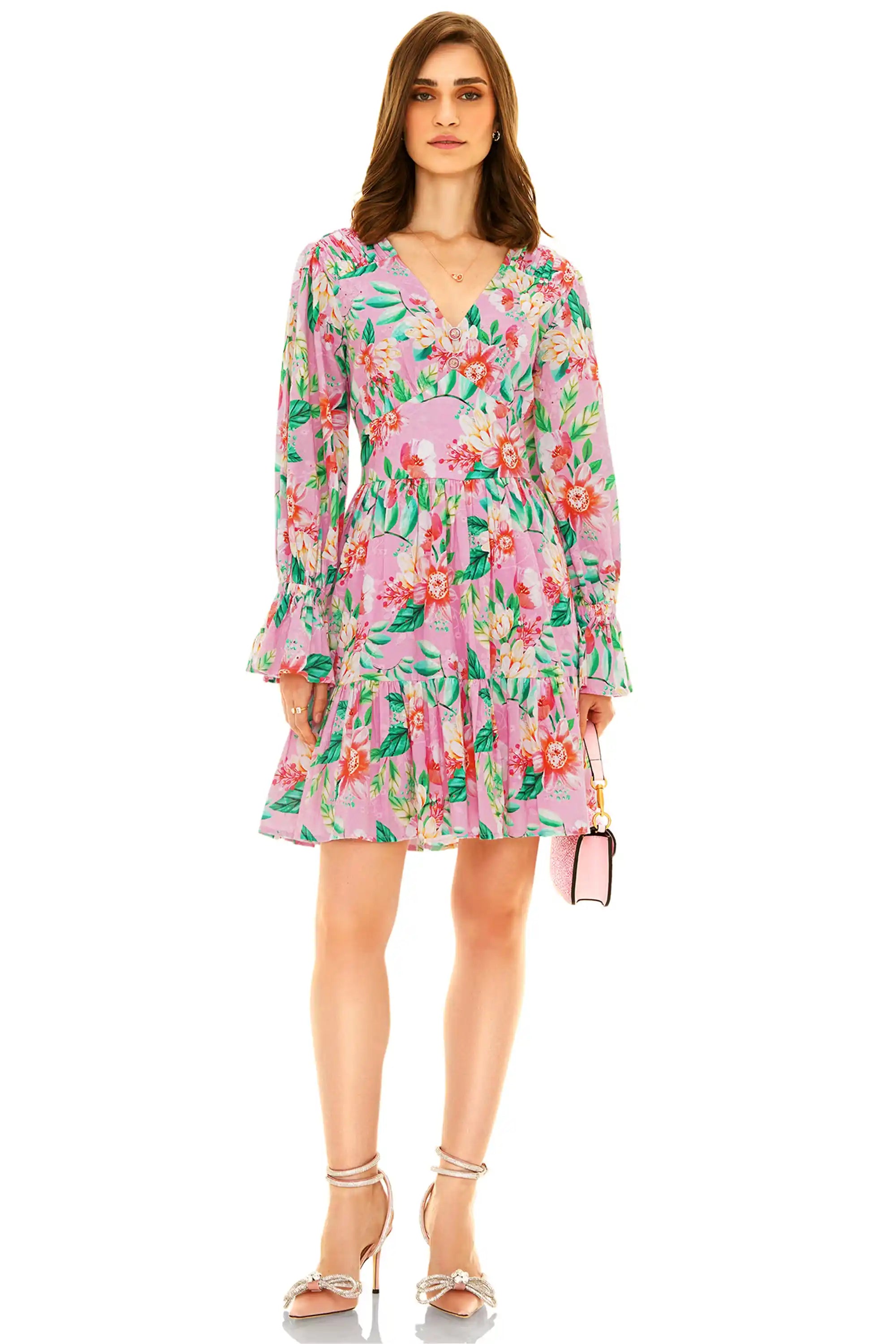Front view of pink floral V-neck long sleeve mini dress with gathered waist