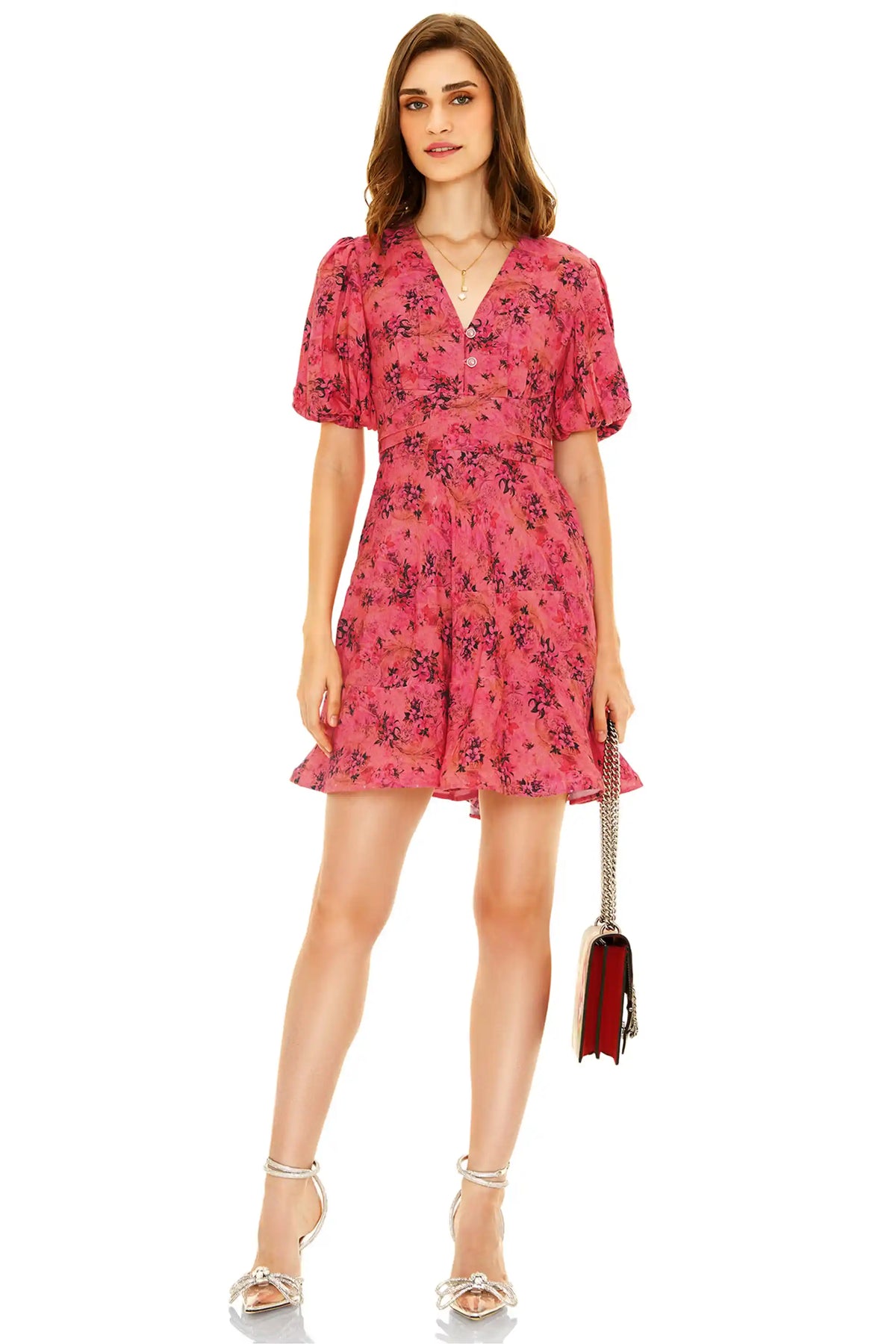 Pretty Pixie pink floral vneck short dress front