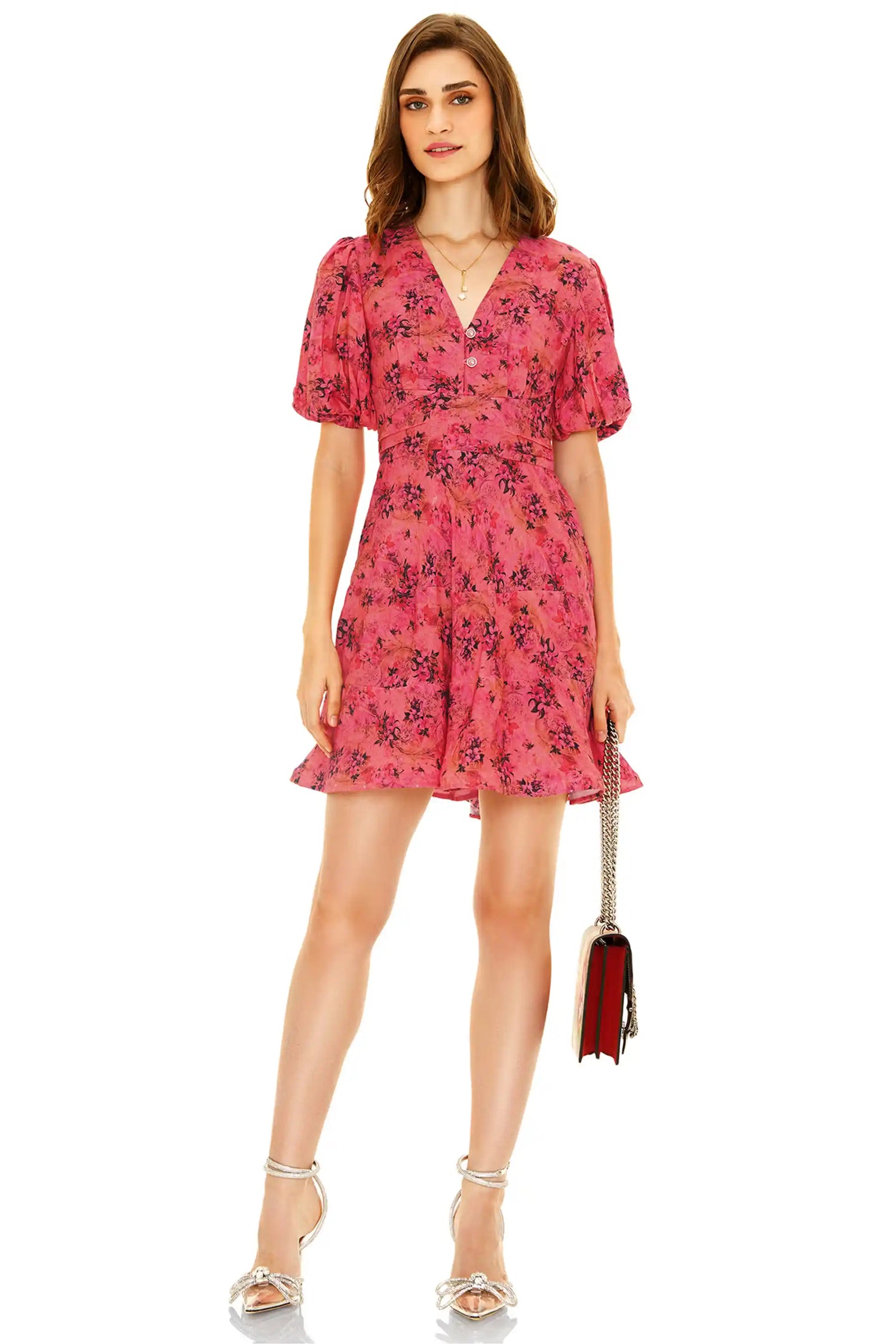 Front view of pink floral V-neck short dress, feminine casual outfit for women.