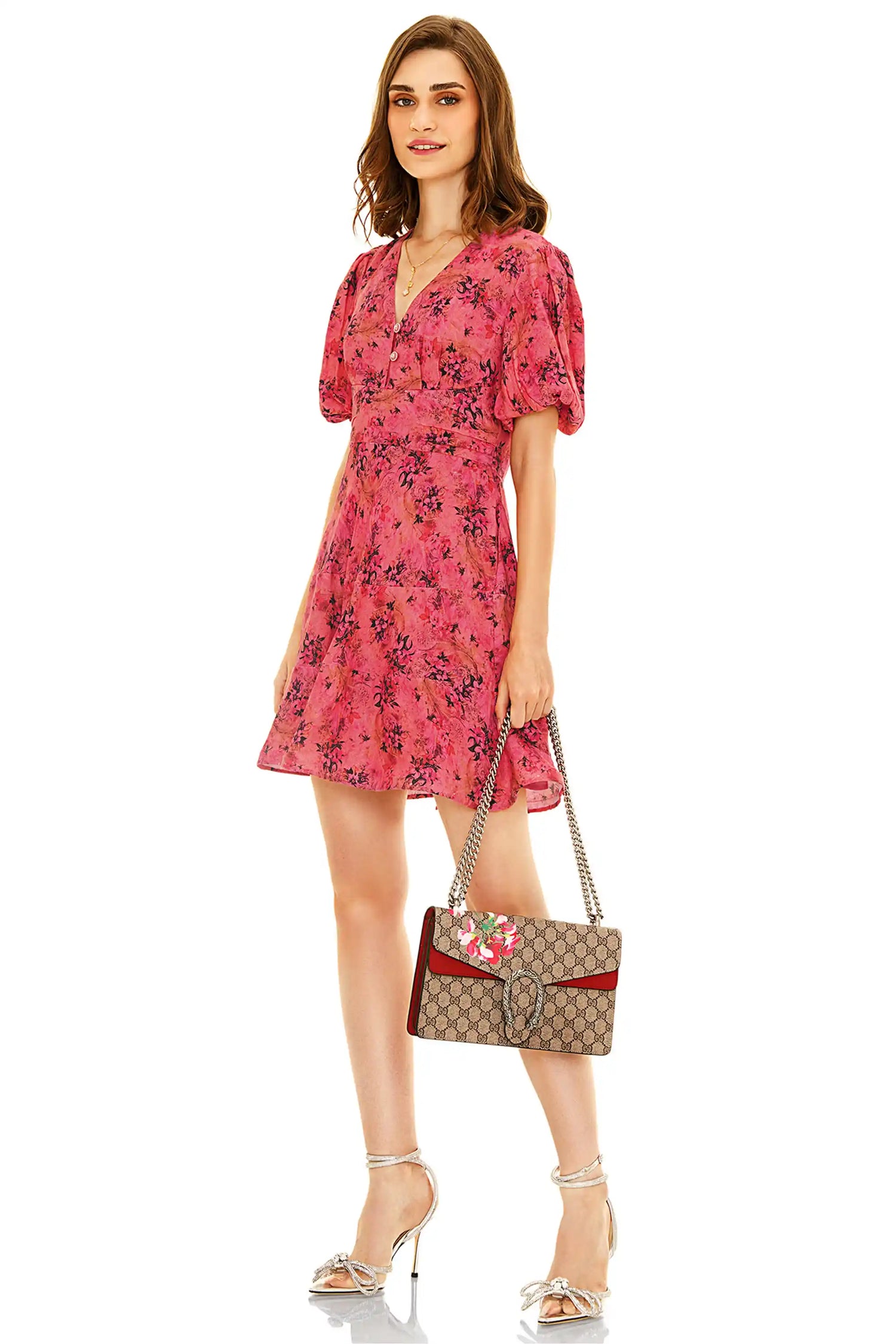 Side view of pink floral V-neck short dress with puff sleeves, summer casual style